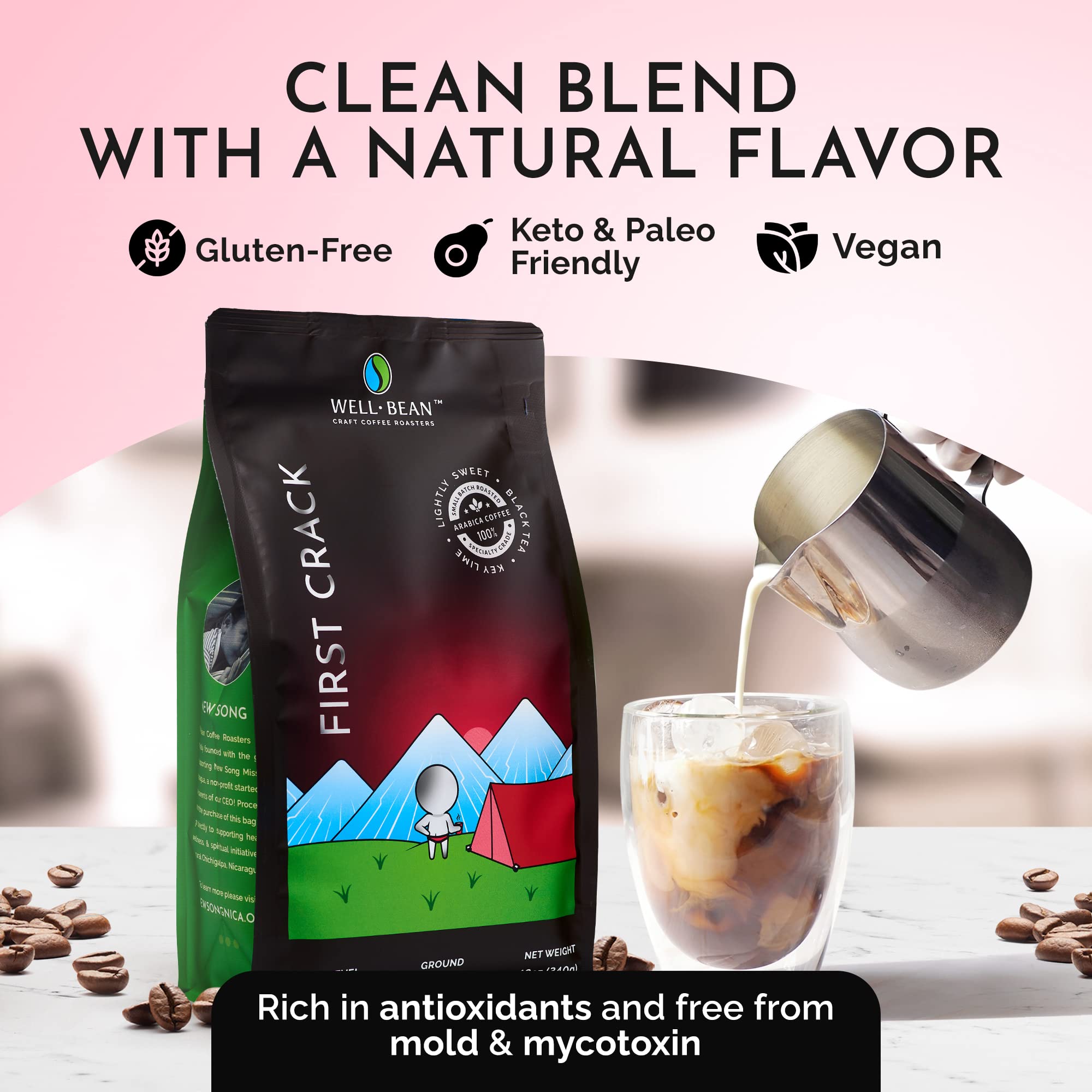 Well-Bean Coffee - First Crack Blend Ground Coffee, Breakfast Blend Honduras Coffee | Antioxidant Rich, Gluten-Free, Keto Friendly Light Roast | Perfect for Morning Brew, Office Break, or Camping | 12 oz