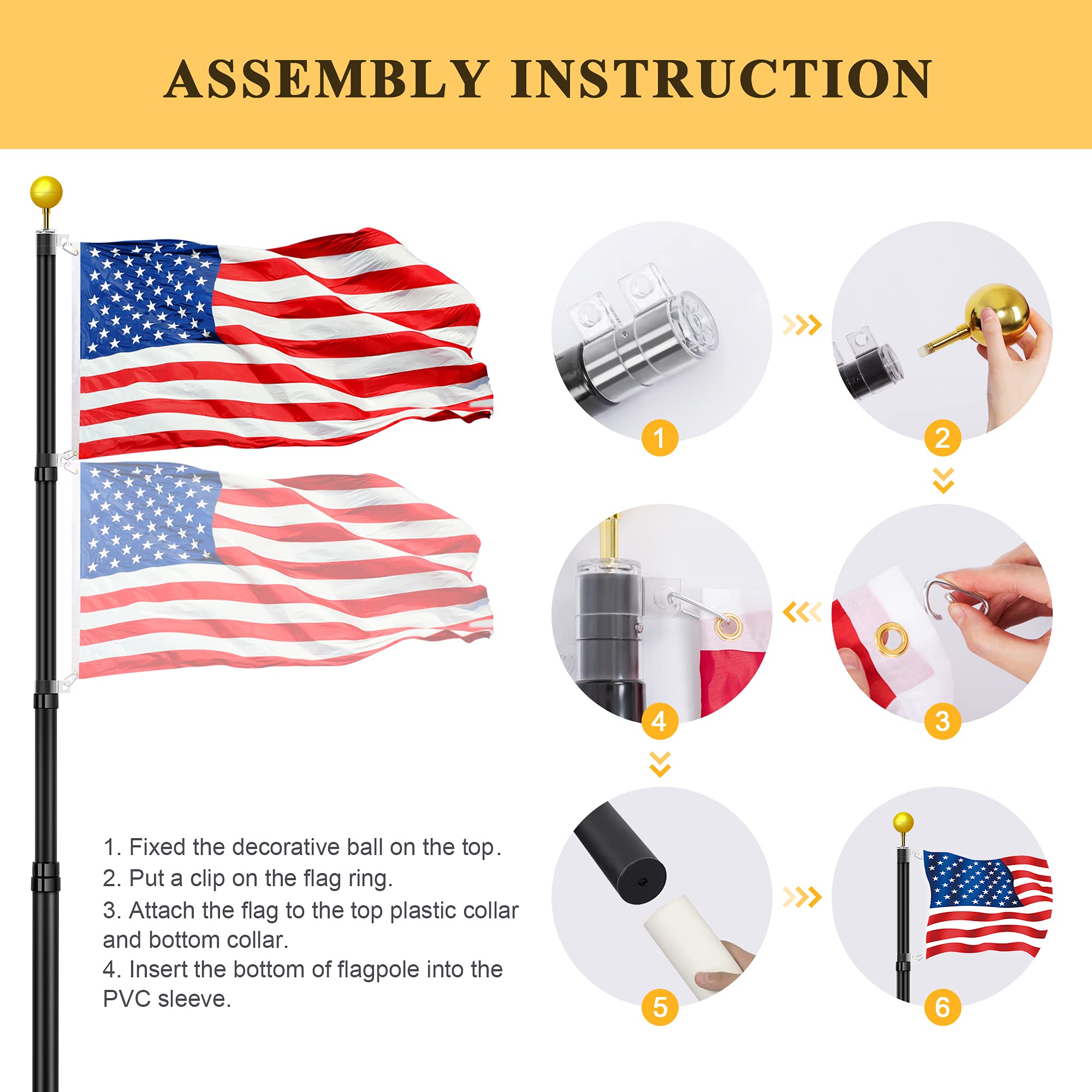 20FT Heavy Duty Telescoping Flag Pole Kit - 14 Gauge Aluminum Inground Flagpole with 3x5 American Flag | Fly 2 Flags | Weather-Resistant for Residential, Yard & Commercial Use | Perfect for Patriotic Displays, Sports Events & Business Branding