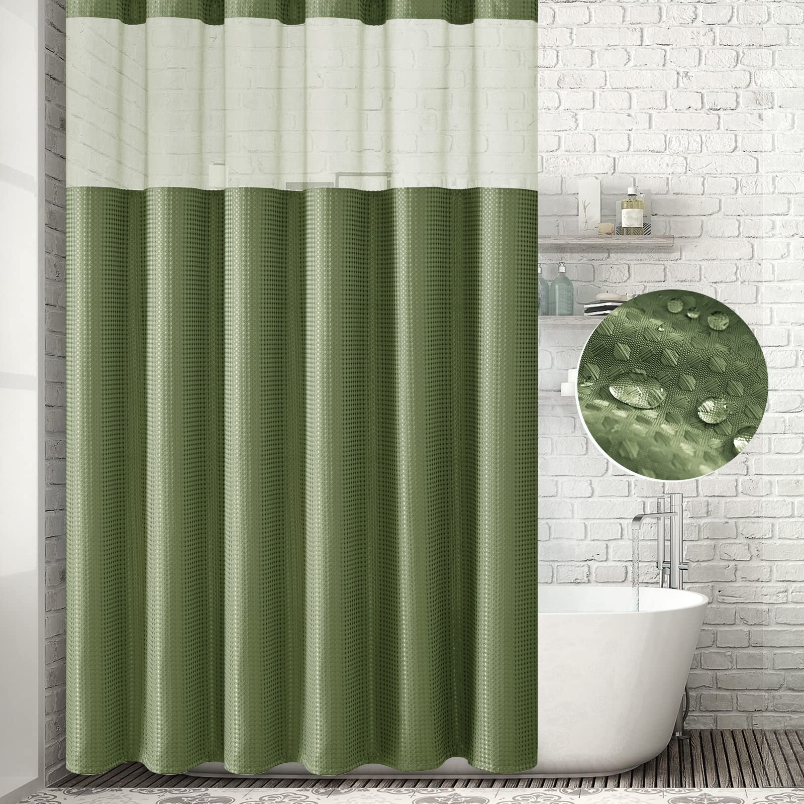 Sage Green Waffle Weave Shower Curtain with Clear Top Window - 12 Hooks Included - Water Repellent Hotel Style Bathroom Decor - 70x72 Inches - Perfect for Modern Bathrooms & Spa-Like Showers