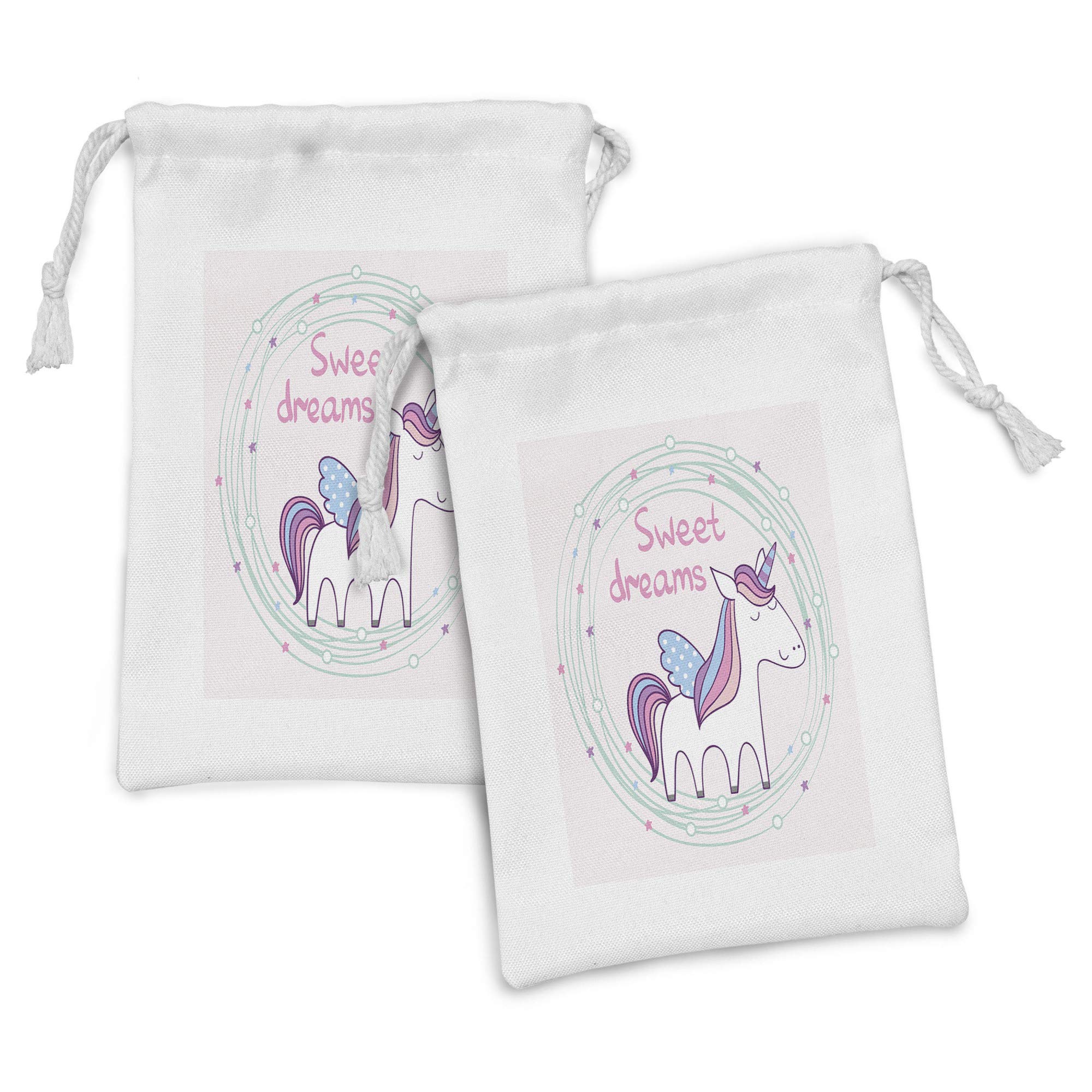 Ambesonne 2-Pack Fabric Drawstring Pouch Set - Unicorn Hand Drawn Circles, Dots & Stars Design - 9