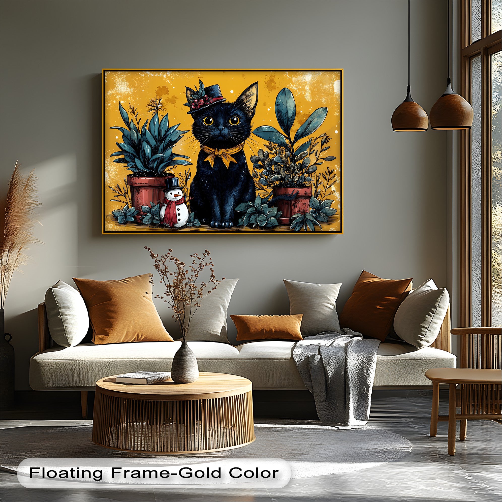 Black Cat with Holiday Hat and Yellow Ribbon - Festive Cat Canvas Print Wall Art for Christmas Home Decor, Living Room, Bedroom & Office