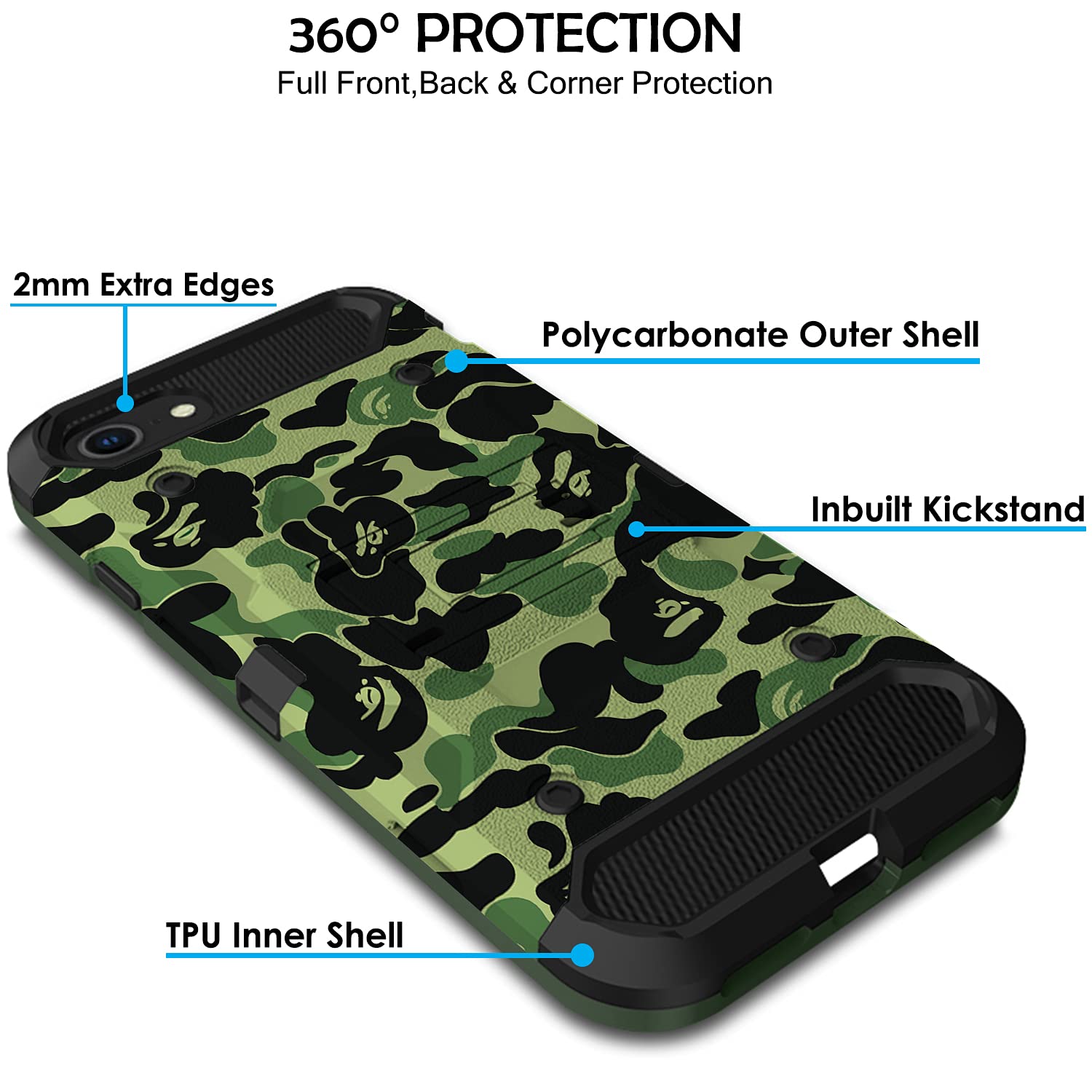 DuraSafe Rugged Protective Case for iPhone SE 2 (2020) & SE 3 (2022) 4.7 Inch - Military Moss Green Rotating Belt Clip Holster with Kickstand | Shockproof Cover for iPhone SE 3rd/2nd Gen | Perfect for Outdoor, Construction & Active Lifestyle Use