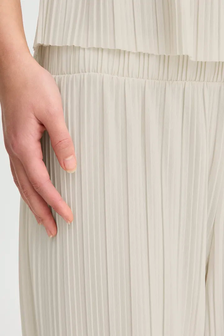 Ana Wide Leg Plisse Pants for Women - High Waisted Flowy Lounge Pants in Almond Milk Color - Perfect for Yoga, Travel & Casual Wear