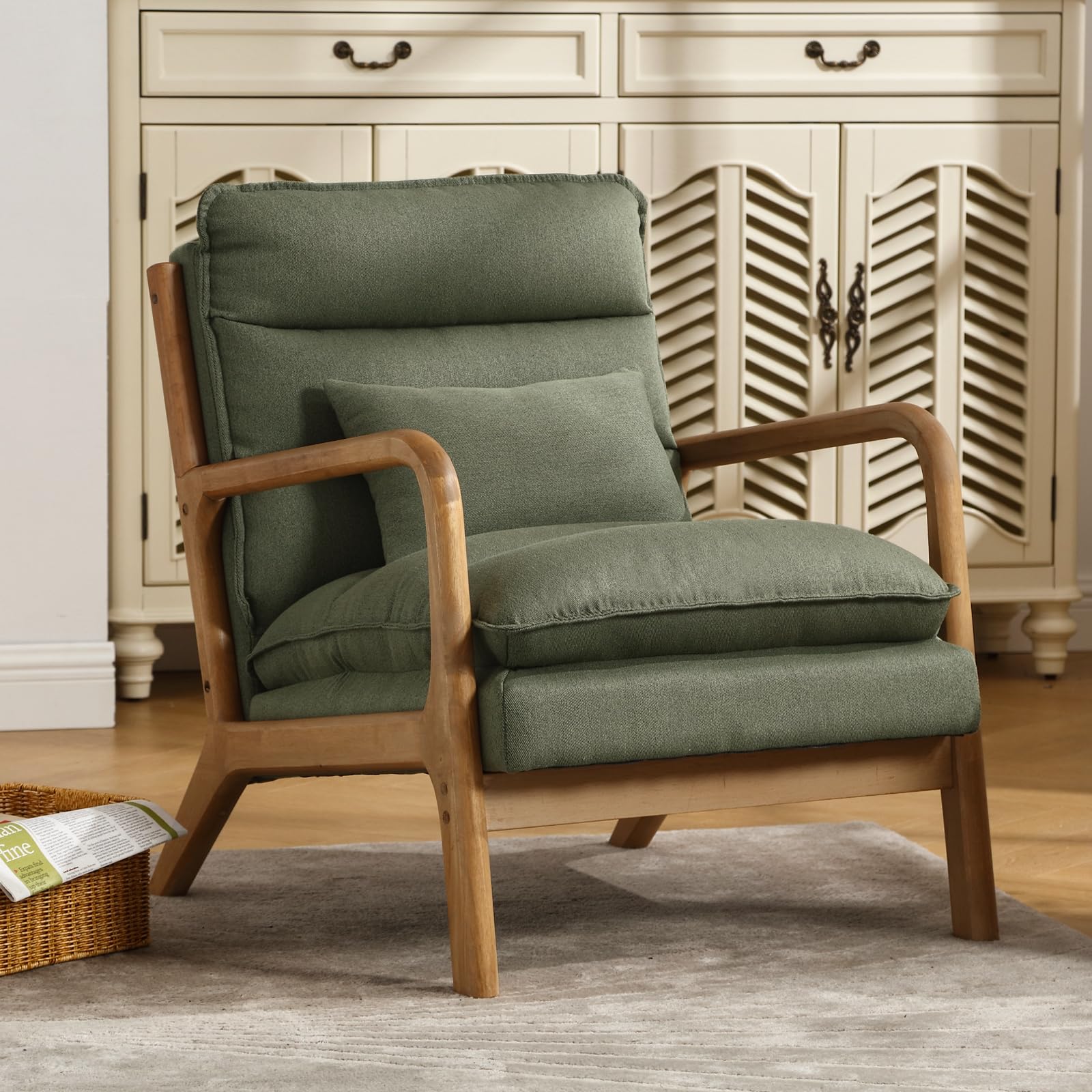 INZOY Mid Century Modern Accent Chair with Solid Wood Frame - Upholstered Reading Armchair with Waist Cushion & Double Padding - Comfortable Side Chair for Living Room, Bedroom or Office - Easy Assembly in Green - Perfect for Relaxing, Reading or Enhancing Home Decor