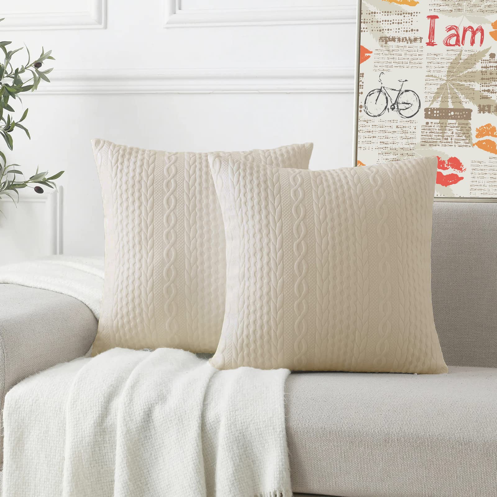 Cikary 26x26 Inch Decorative Throw Pillow Covers Set of 2 - Soft Stretchy Embossed Sofa Couch Pillow Cases with Raised Twisted Rope Pattern in Beige for Living Room, Bedroom & Home Decor