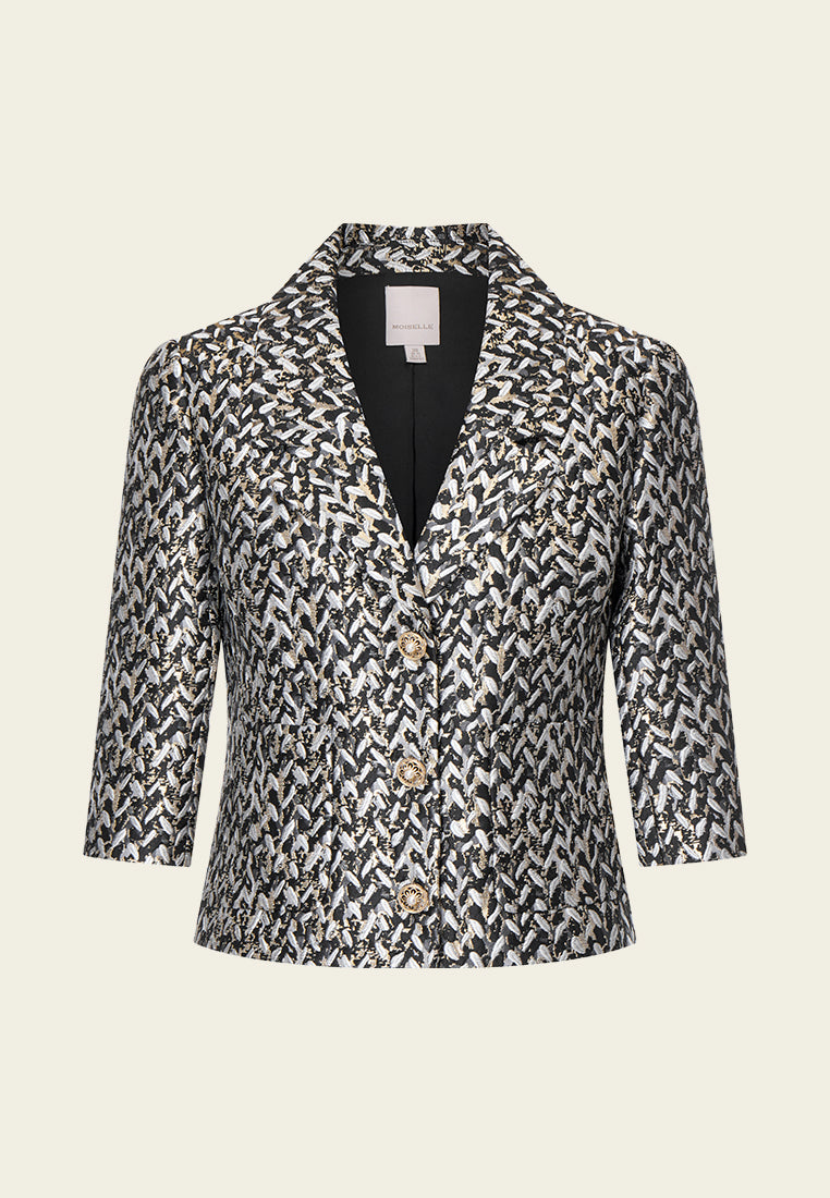 Black Lapel Jacquard Cropped Jacket for Women - Stylish Slim Fit Blazer with Embroidered Details | Perfect for Office Wear, Cocktail Parties & Date Nights