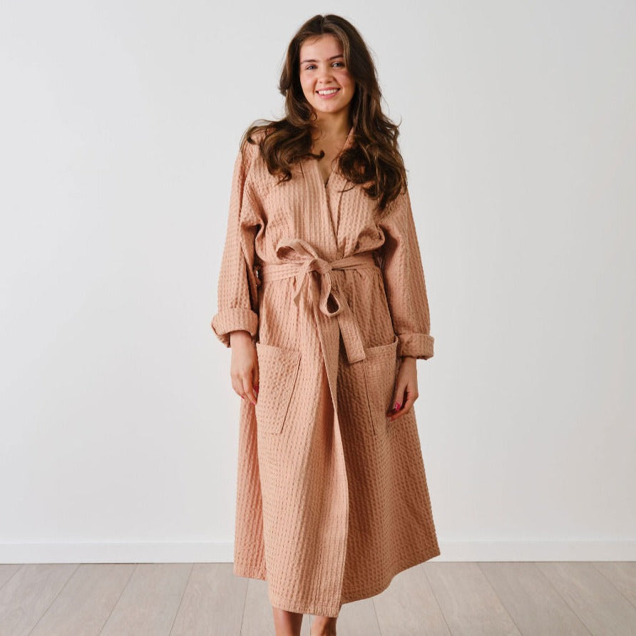 Linen House Keaton Pink Clay Waffle Bathrobe - Soft & Absorbent Cotton Robe for Women, Spa & Hotel Luxury, Perfect for Relaxation After Shower or Pool