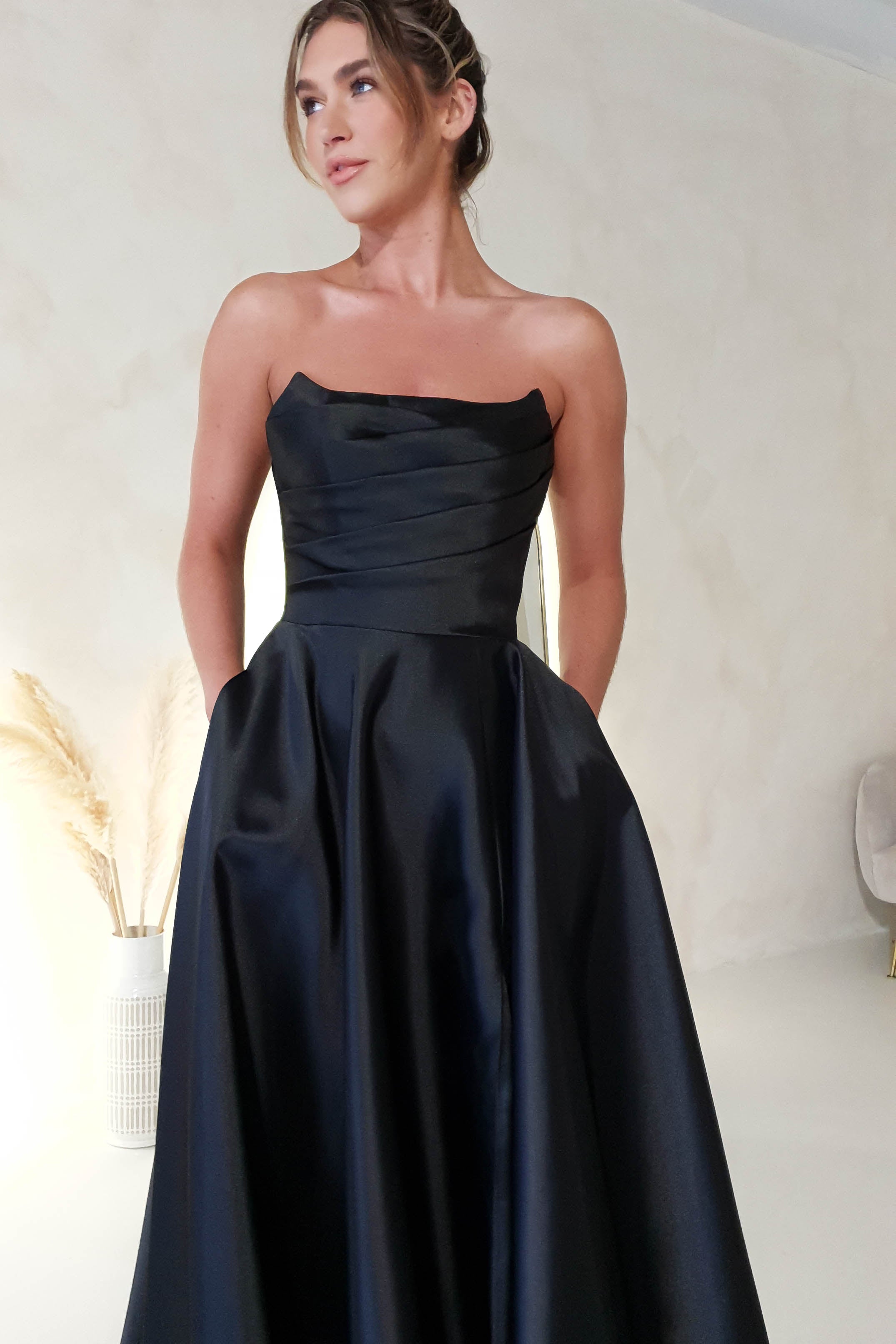 Elegant Miya Corset A-Line Satin Evening Gown in Black - Perfect for Prom, Wedding Guest & Formal Events