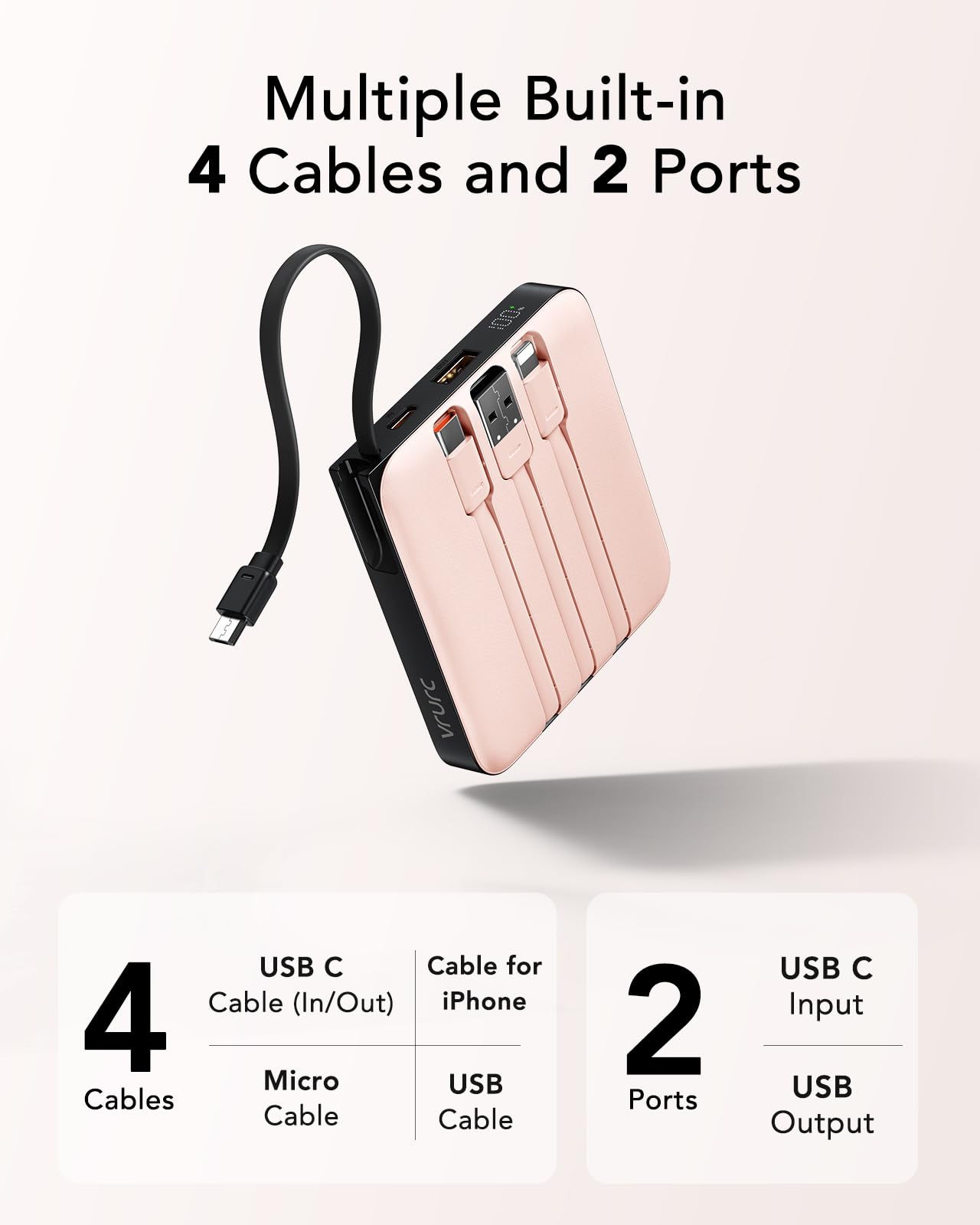 VRURC 20000mAh Portable Charger with Built-in Cables - 22.5W Fast Charging Power Bank for iPhone 16/15/14/13/12/11 & Samsung Android Phones - Pink Travel Essential Battery Pack (Perfect for Airports, Camping & Emergency Charging)
