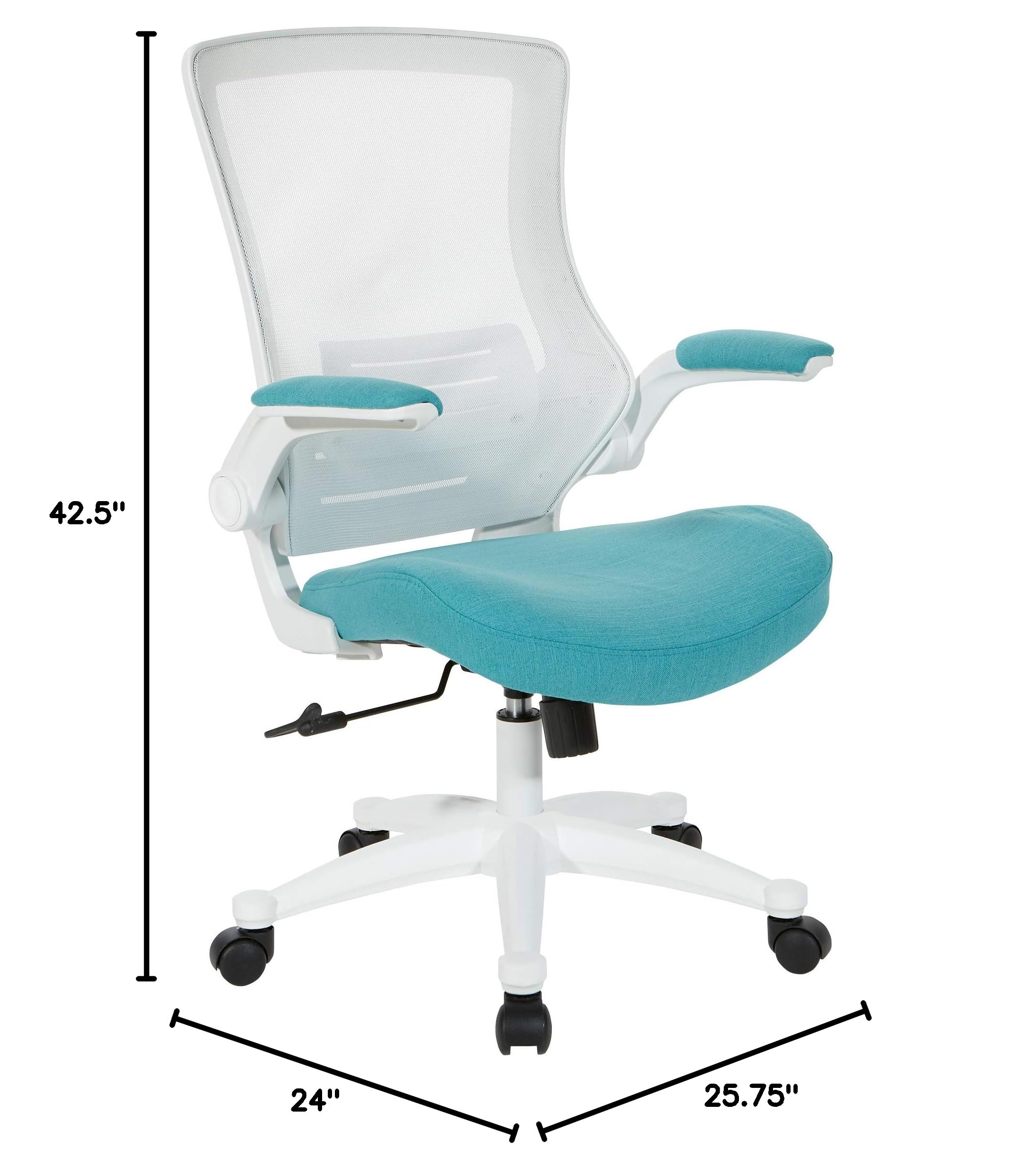Office Star Ventilated White Screen Back Manager's Office Chair with Padded Flip Arms & White Nylon Base - Linen Turquoise Fabric - Ergonomic Desk Chair for Home & Office Workspaces