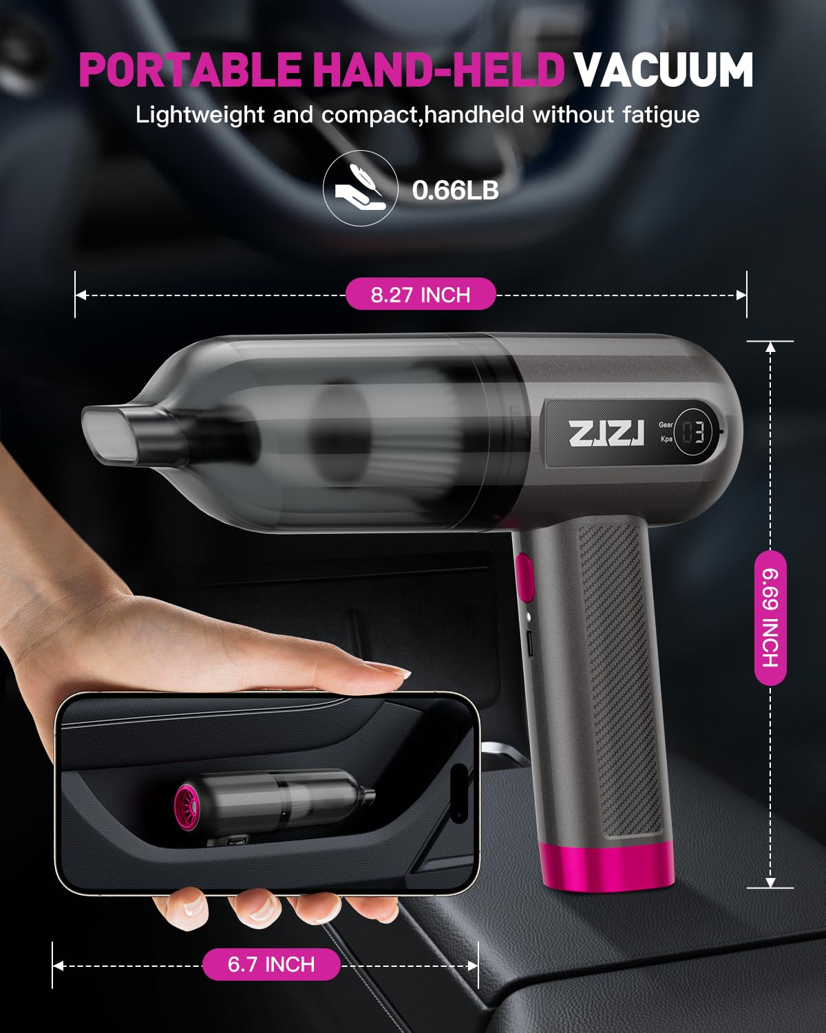 Cordless Handheld Car Vacuum Cleaner - 15000PA High Power Portable Vacuum with 3 Speed Settings, Digital Display & Rechargeable Battery | Perfect for Car Cleaning, Pet Hair Removal & Home Use