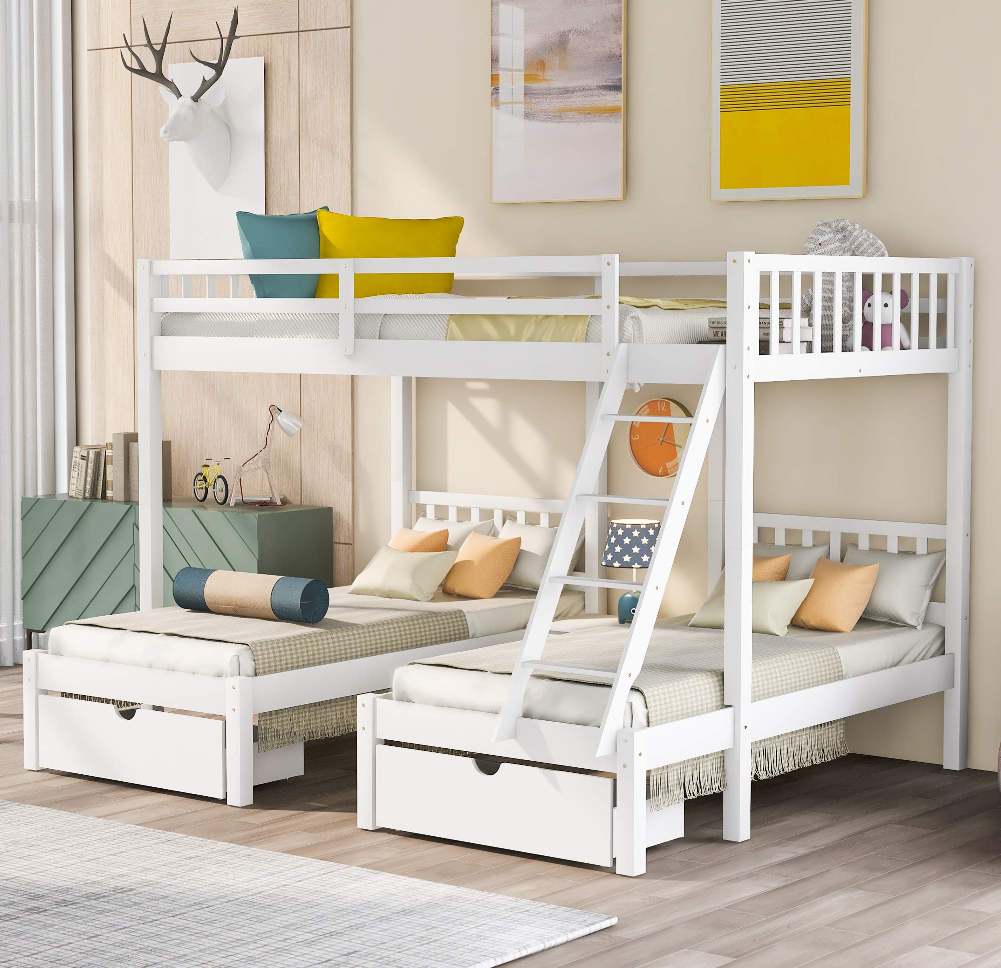 Merax Triple Bunk Bed with Storage Drawers & Guardrails for Kids Bedroom - White