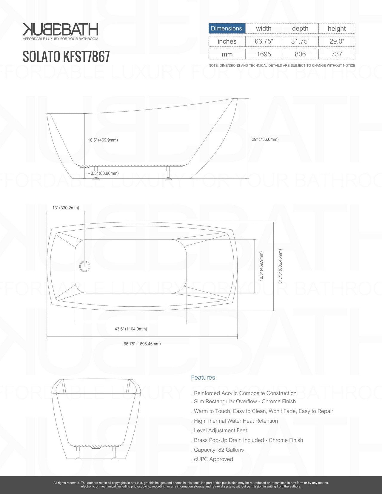 KubeBath Solato 67-Inch White Freestanding Bathtub | Modern Soaking Tub for Luxury Bathrooms & Spa Retreats (KFST7867)