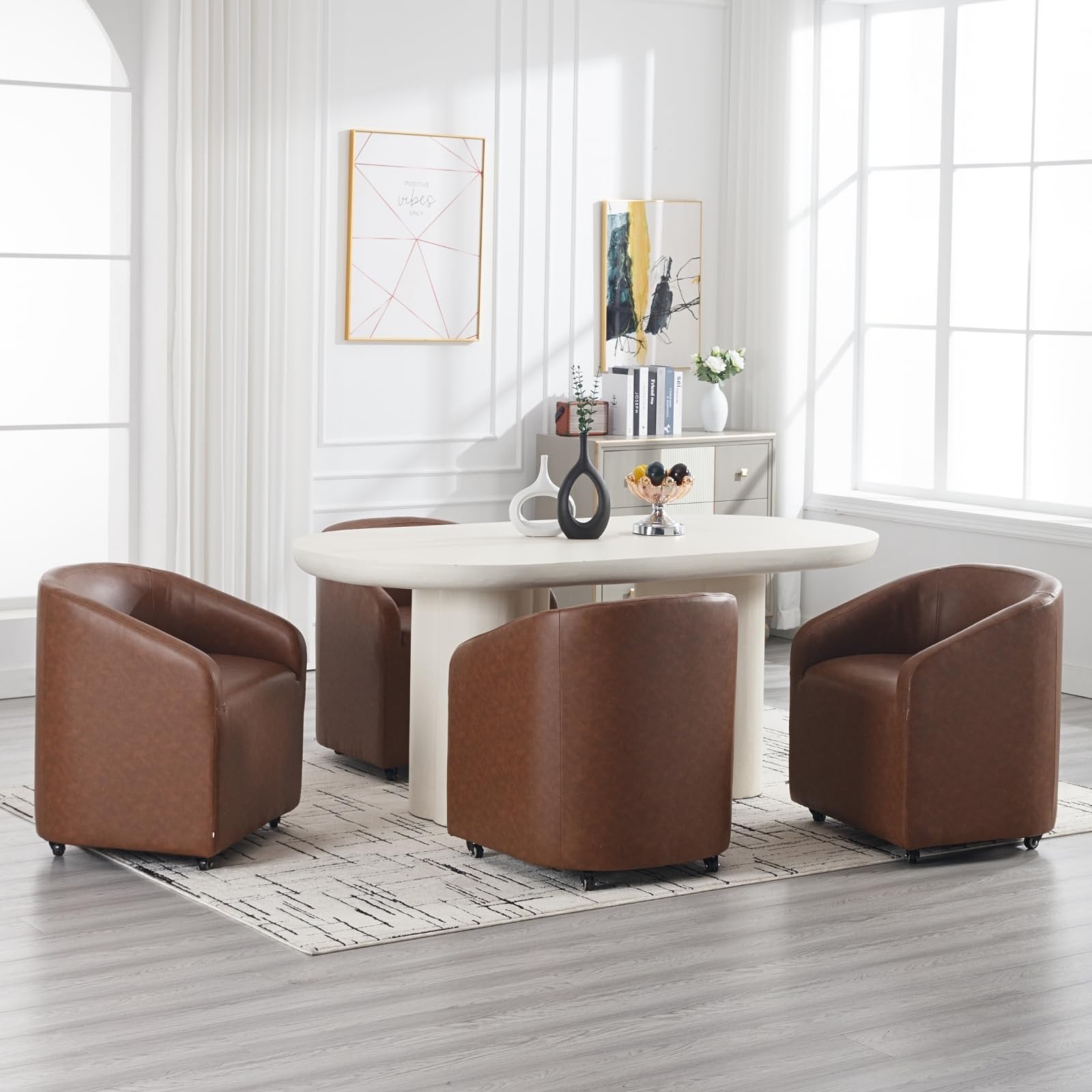 Modern Swivel Barrel Dining Chairs Set of 2 - PU Leather Upholstered Kitchen Counter Stools with Casters - Accent Side Chairs for Dining Room, Living Room & Home Office - Brown (Perfect for Breakfast Nooks, Kitchen Islands & Small Space Dining)