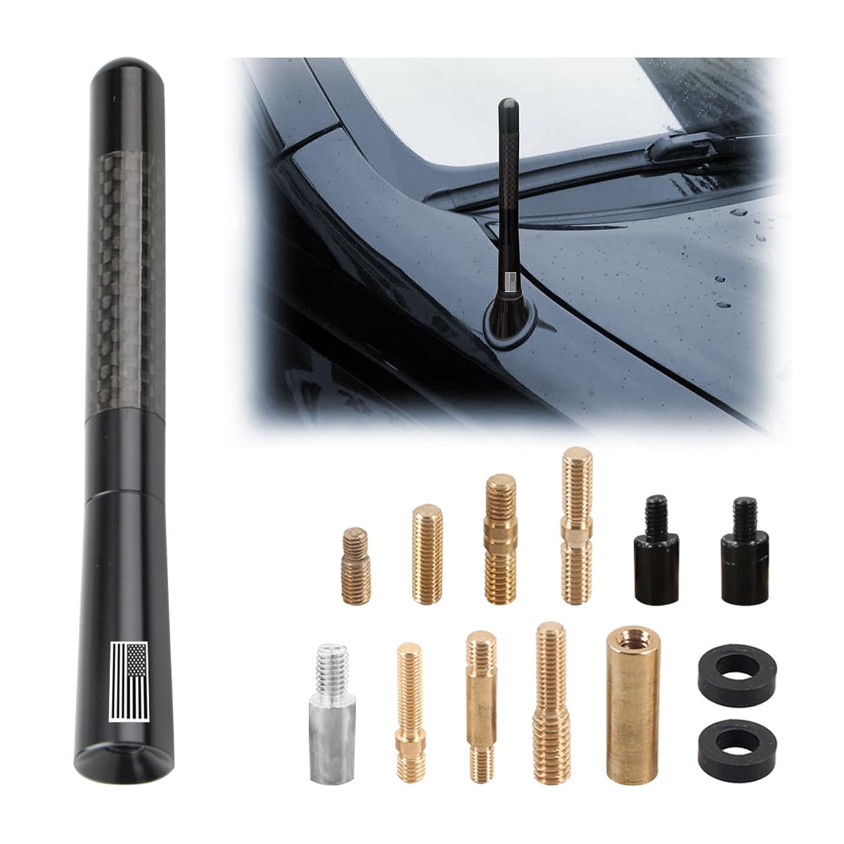 BESULEN 4.7 Inch Carbon Fiber Car Antenna with American Flag Design - Universal AM/FM Radio Antenna Replacement for Cars, Trucks & SUVs - Includes 9 Adapters, 2 Screws & 2 Rubber Rings - Perfect for Road Trips & Off-Road Adventures
