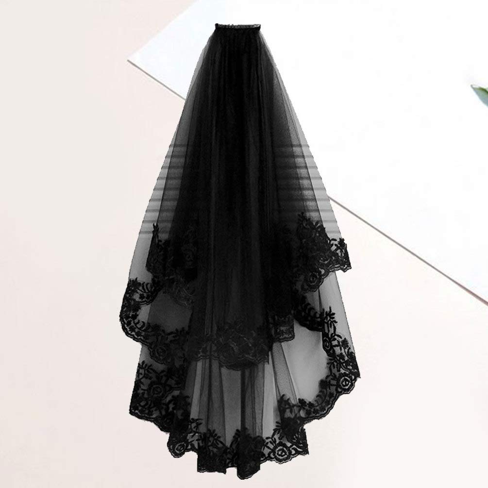 Gothic Cathedral Wedding Veil with Black Lace & Ribbon Border - Elegant Bridal Accessory for Halloween Costume, Studio Decor & Wedding Photography