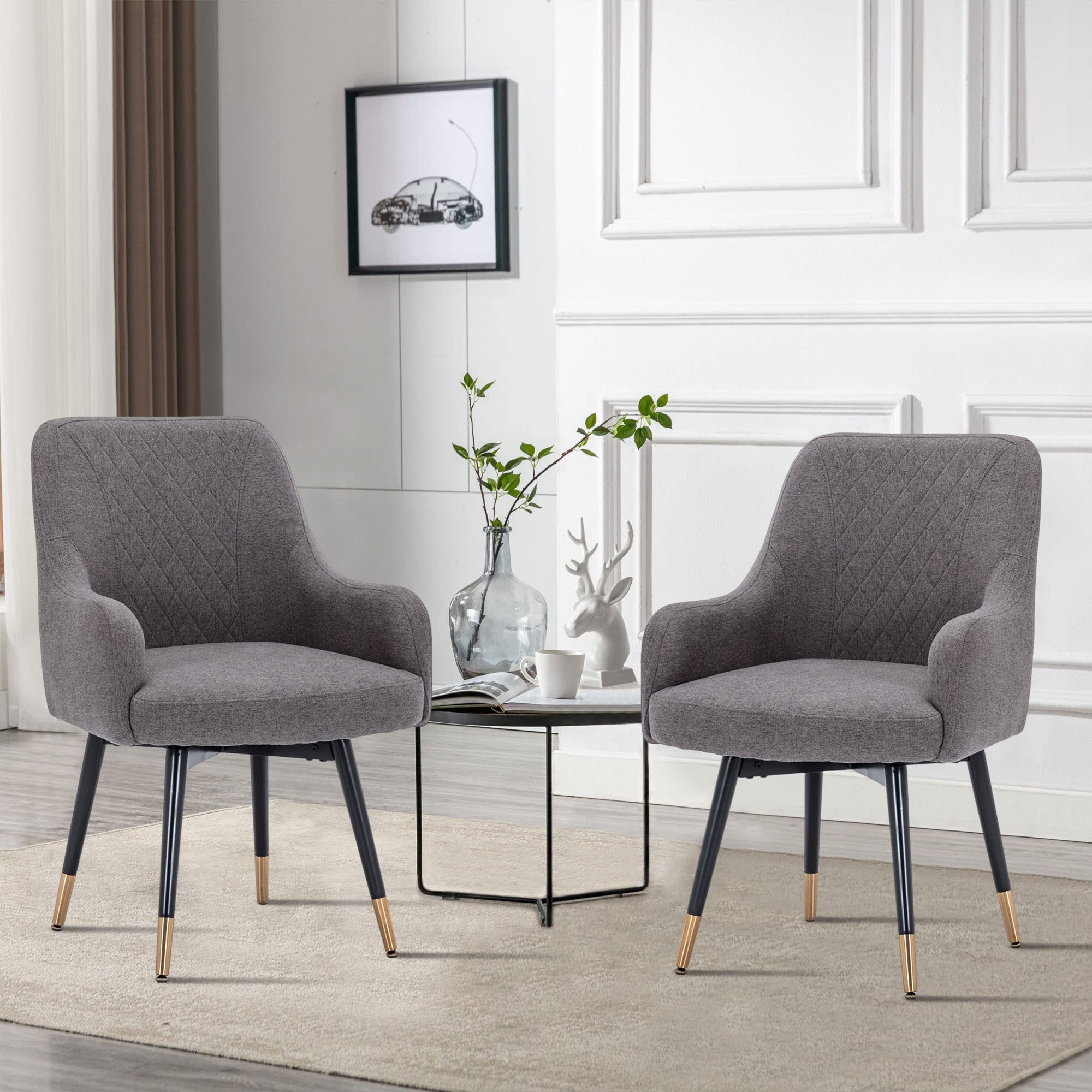 Yongchuang Swivel Upholstered Dining Chairs with Arms, Set of 2 - Modern Accent Chairs for Kitchen, Dining Room & Living Room - Comfortable Gray Armchairs for Home Decor, Entertaining & Relaxation