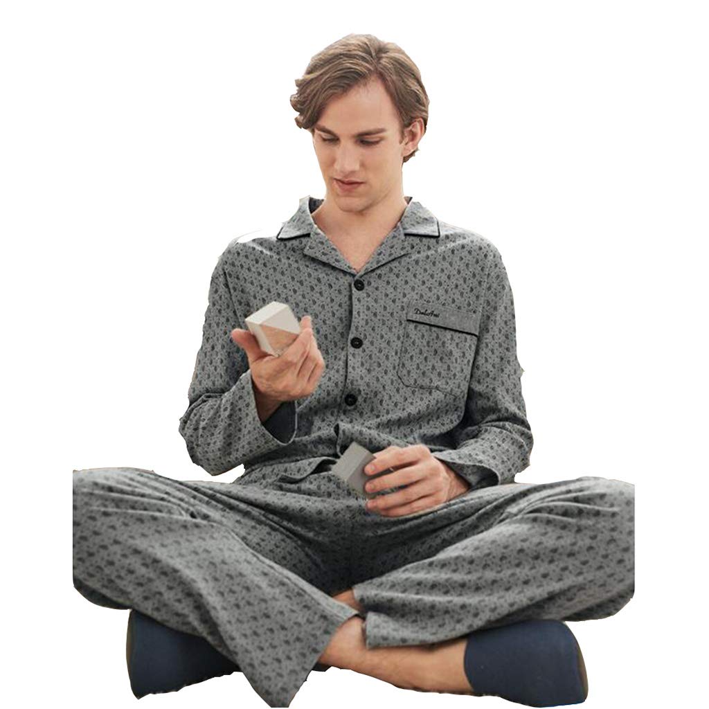 Men's Long Sleeve Pajama Set - Soft Cotton Sleepwear for Spring & Autumn - Gray Home Lounge Wear Size M (170) - Perfect for Relaxing at Home, Lounging & Comfortable Nighttime Sleep