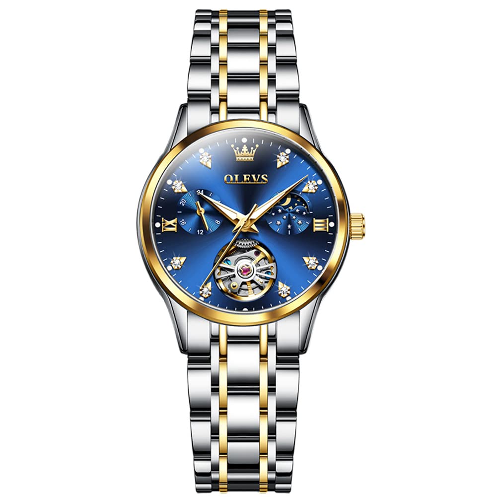 OLEVS Women's Luxury Automatic Diamond Self-Winding Dress Watch with Moon Phase & Luminous Blue Dial - Stainless Steel Waterproof Wristwatch for Business, Party & Formal Occasions
