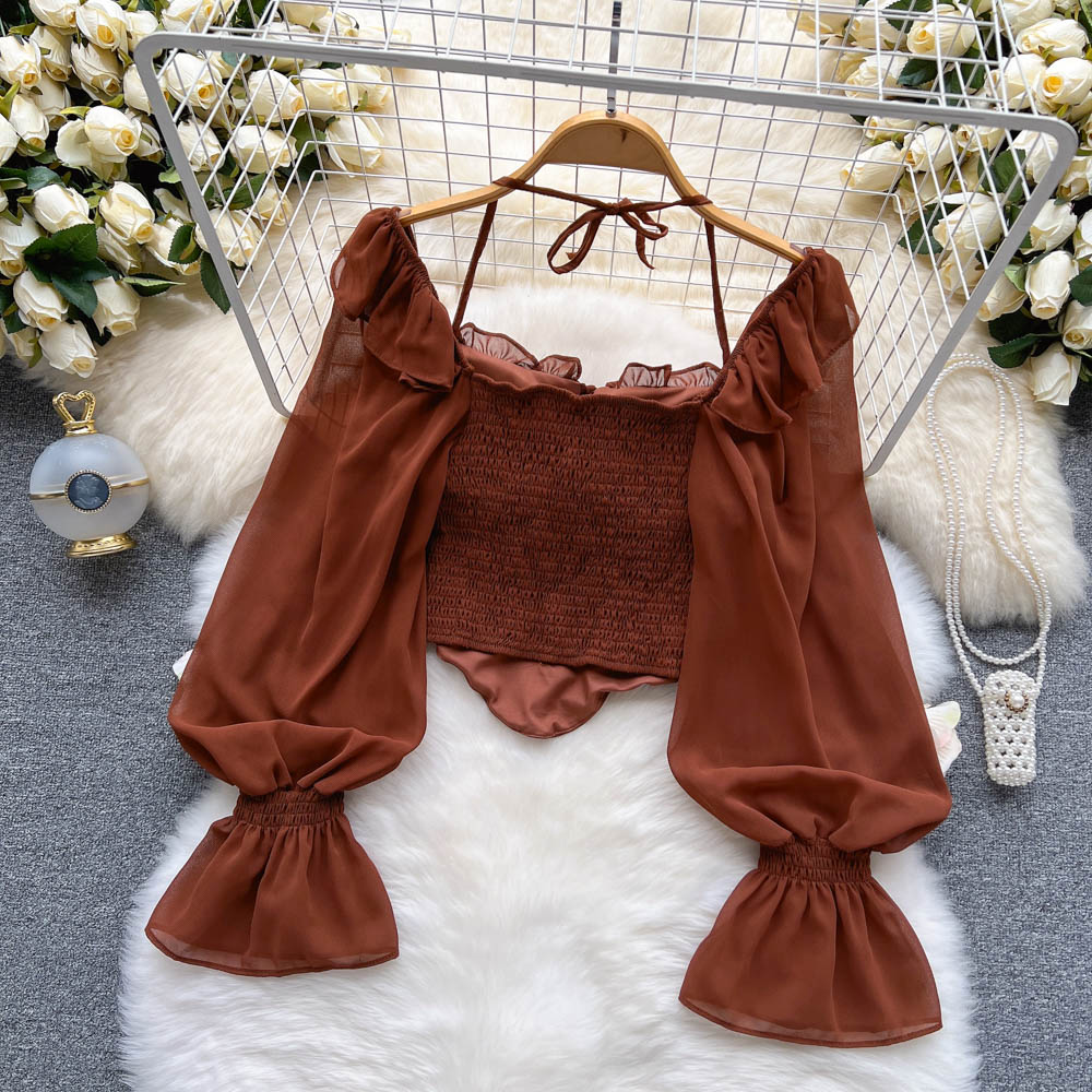 French Puff Sleeve Square Neck Cropped Chiffon Blouse - Elegant Women's Summer Tops for Casual Wear, Date Night & Office Outfits