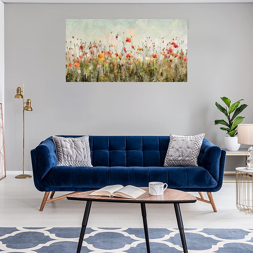 Poppy Parade Floral Canvas Wall Art - 40x21 Inch Hand-Painted Flower Painting for Bathroom & Living Room Decor - Modern Home & Office Wall Decor - Perfect Gift for Housewarming & Interior Design