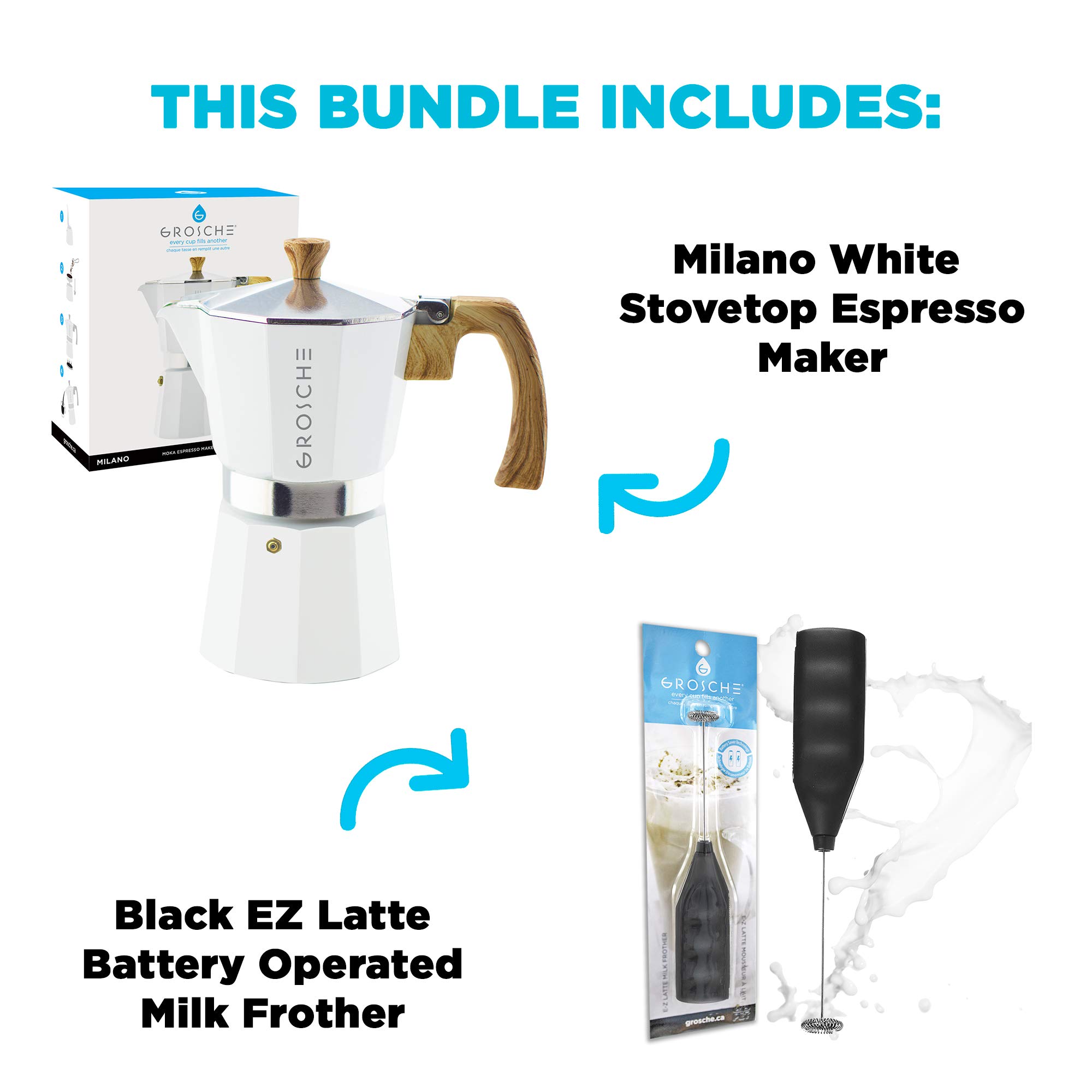 GROSCHE Milano Stove Top Espresso Maker - 3 Cup (5 oz) with Battery Operated Milk Frother - Perfect for Lattes, Cappuccinos & Home Coffee Brewing - White Bundle for Coffee Enthusiasts