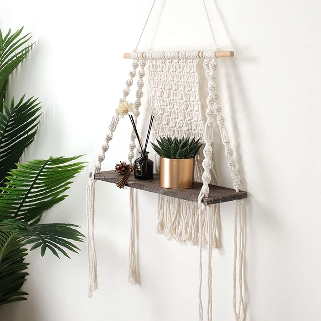Handmade Macrame Wall Hanging Shelf - Bohemian Cotton Rope Plant Hanger with Dark Wood, Boho Home Decor for Bedroom & Living Room - Perfect for Indoor Plants, Books, and Decorative Storage