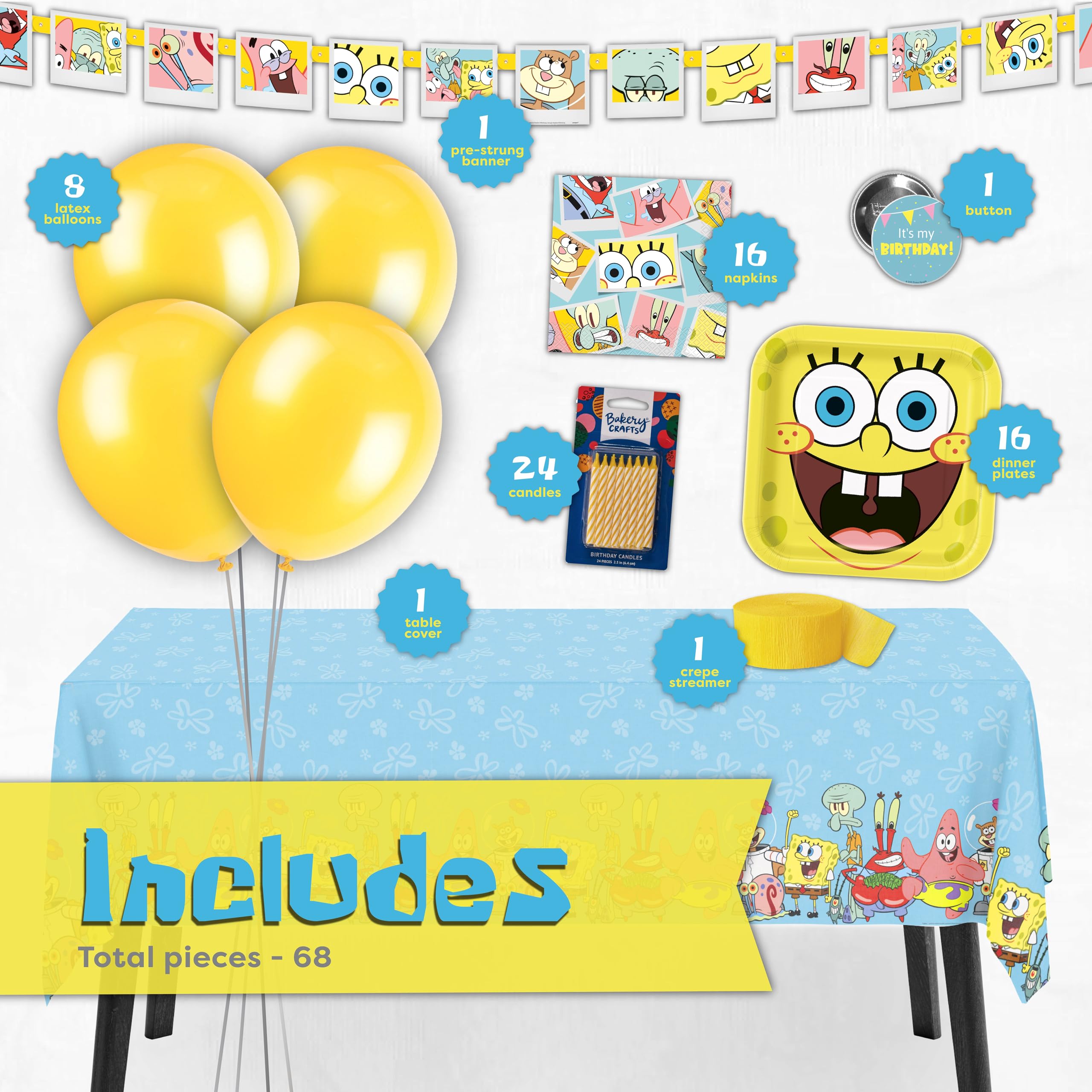 Spongebob Party Supplies Set for 16 Guests - Includes Table Cover, Banner, Plates, Napkins, Balloons, Streamers & Candles | Perfect for Birthday Parties, Themed Events & Kids Celebrations