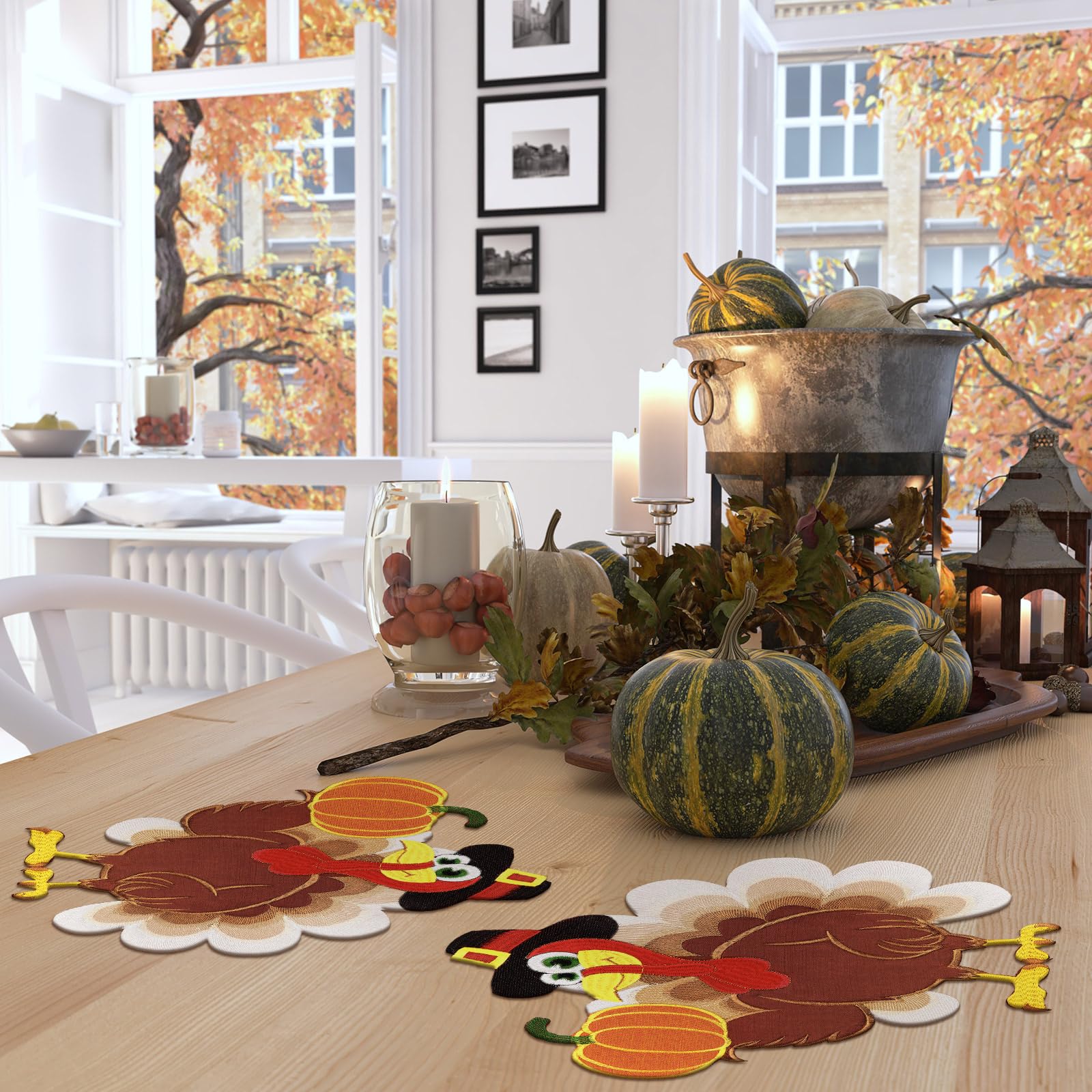 6-Piece Embroidered Turkey Placemats Set - 14x14 Inch Thanksgiving Table Decor for Home, Kitchen & Dining - Fall Harvest Autumn Decorations - Perfect for Holiday Gatherings & Seasonal Celebrations