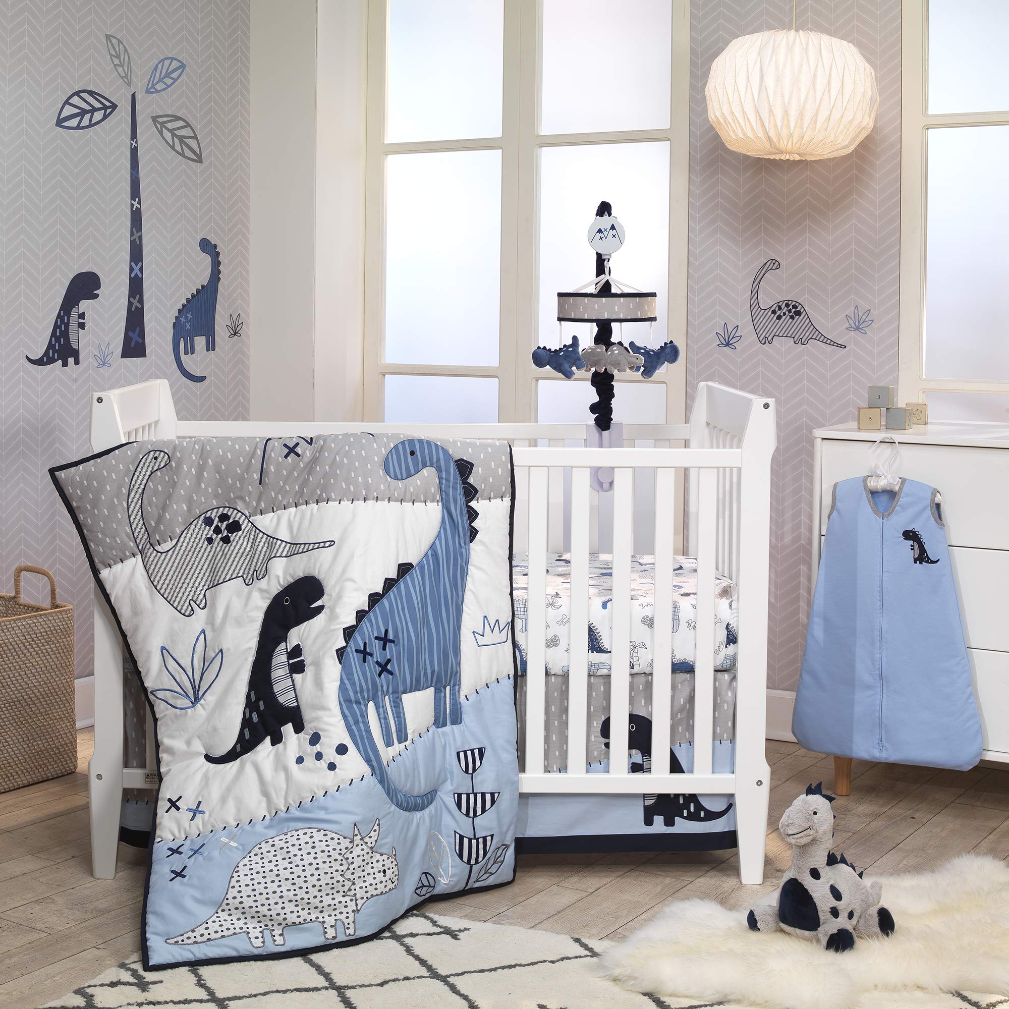Lambs & Ivy Baby Dino Blue & White Dinosaur Nursery 6-Piece Crib Bedding Set - Soft Crib Sheets, Bumper, Skirt & More for Boys & Girls Nursery Decor