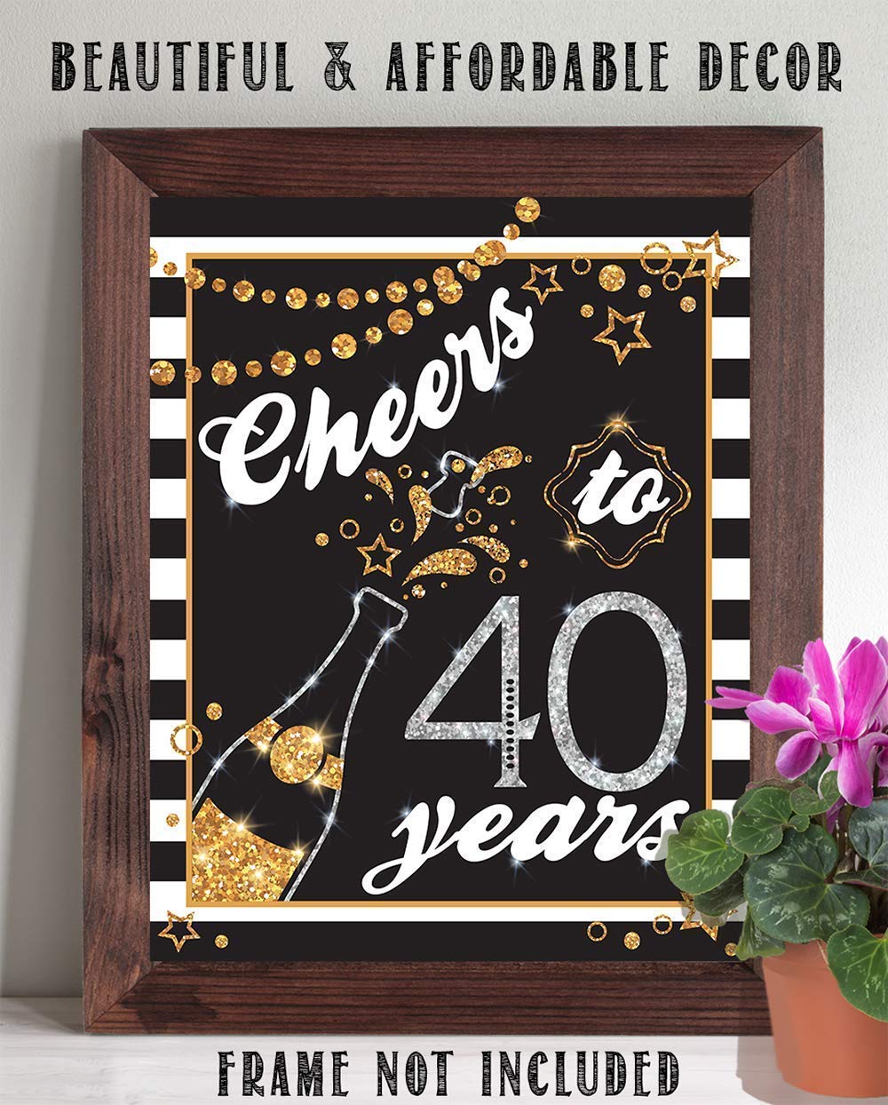 Cheers To 40 Years Champagne Print - Retro Black & White 11x14 Unframed Art Poster with Gold Glitter | Perfect for 40th Birthday Decor, Anniversary Gifts & Reunion Parties | Wall Art for Home, Office & Event Decorations