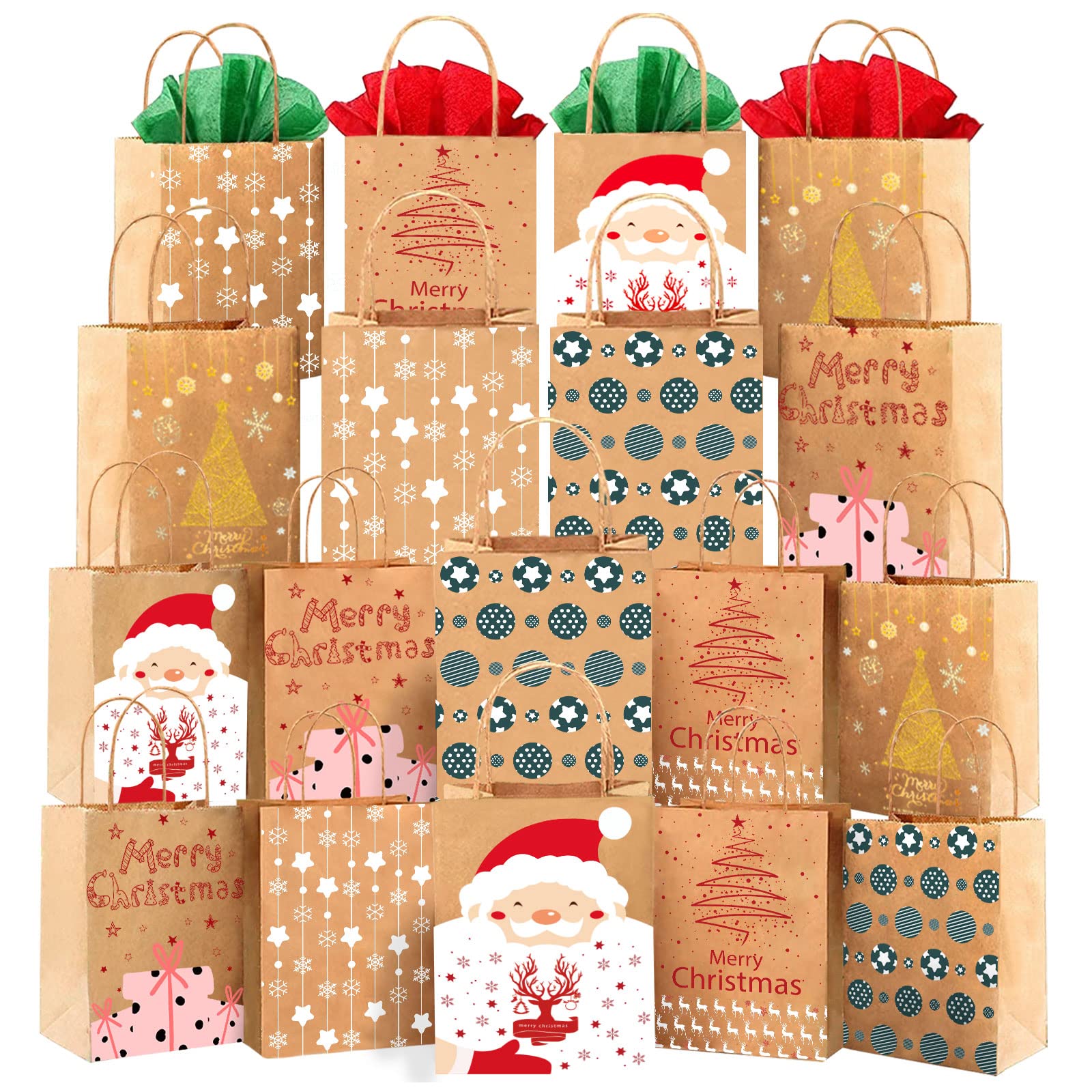 Lionoble 18 Pack Christmas Gift Bags Bulk - 6 Festive Kraft Paper Designs with Handles, Reusable Holiday Present Bags (8.3