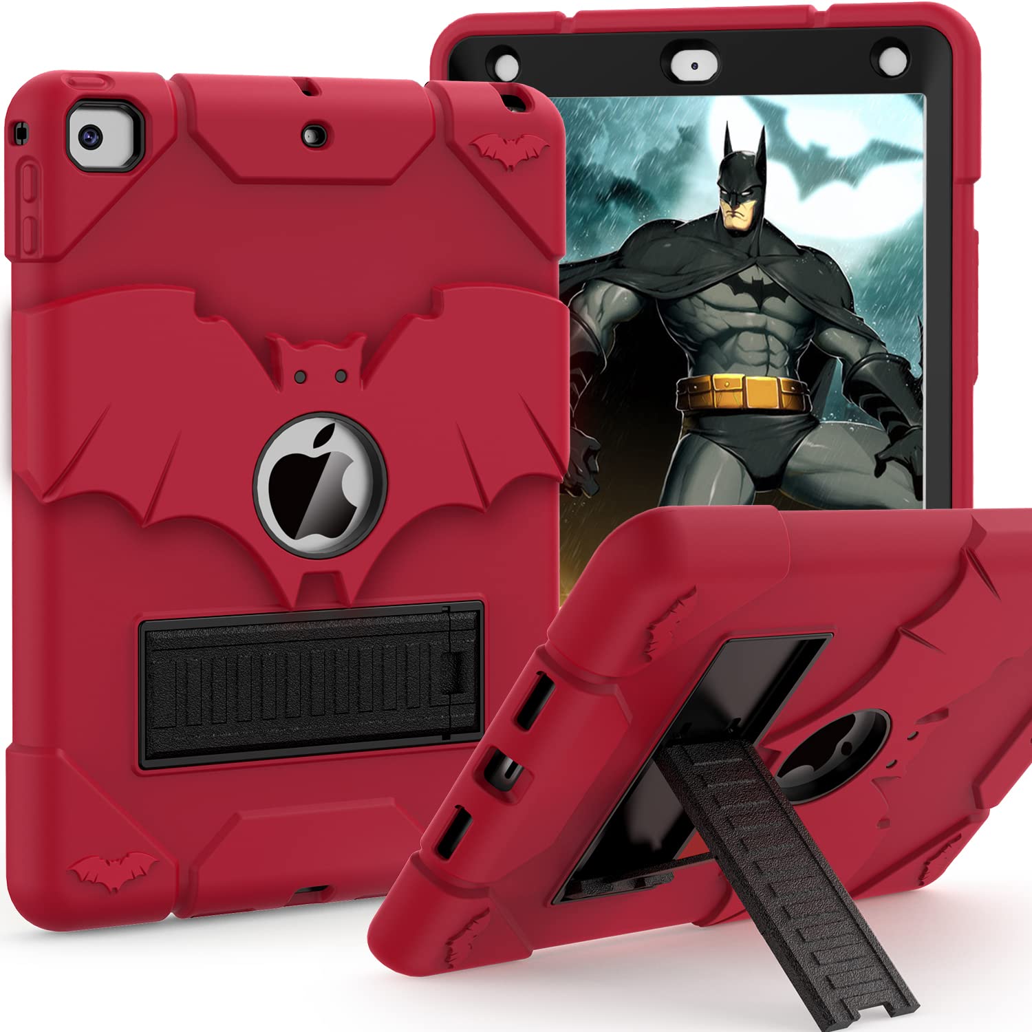 Shockproof Rugged Protective Case for iPad 6th/5th Generation (2018/2017), iPad Air 2 (2014), 9.7 Inch iPad - Heavy Duty Cover with Kickstand for Kids & Boys (Red+Black) - Perfect for School, Travel, and Outdoor Activities