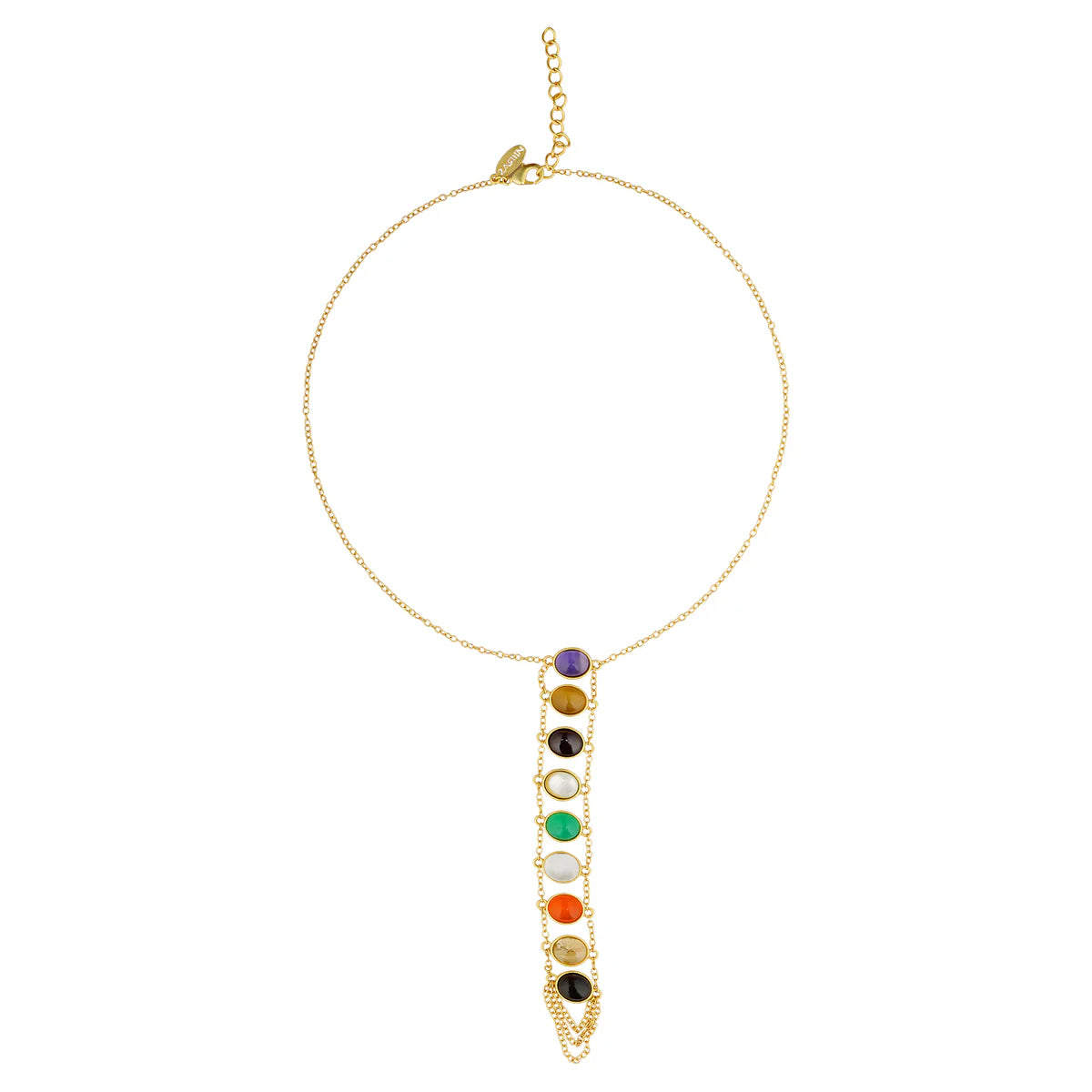 Navratan Gemstone Lariat Necklace and Stud Earrings Set for Women - Elegant Indian Jewelry for Weddings, Parties & Special Occasions