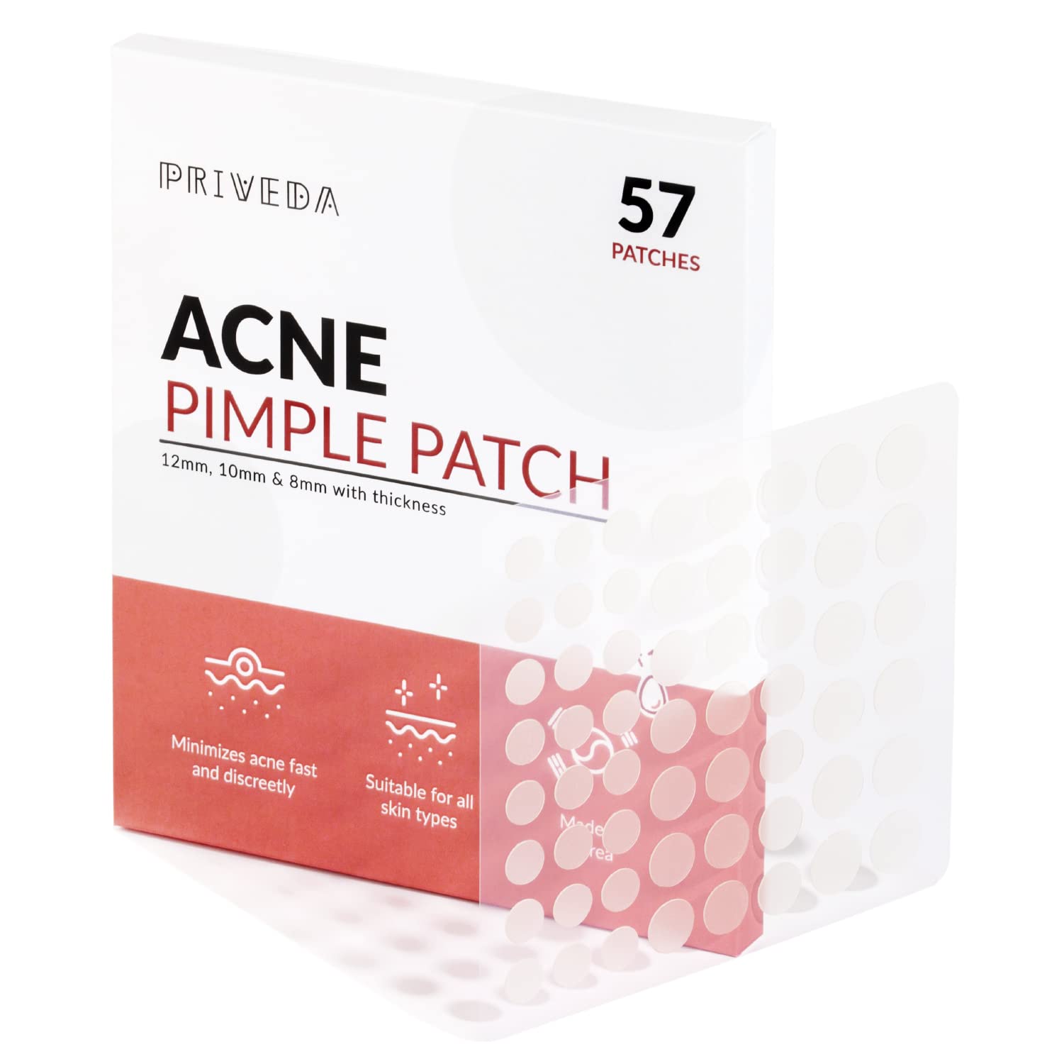 PRIVEDA Acne Pimple Patch - 57 Hydrocolloid Patches for Face (8mm/10mm/12mm) | Korean Made, Waterproof Spot Treatment for Overnight Healing | Perfect for Teen & Adult Acne, Whiteheads & Blackheads