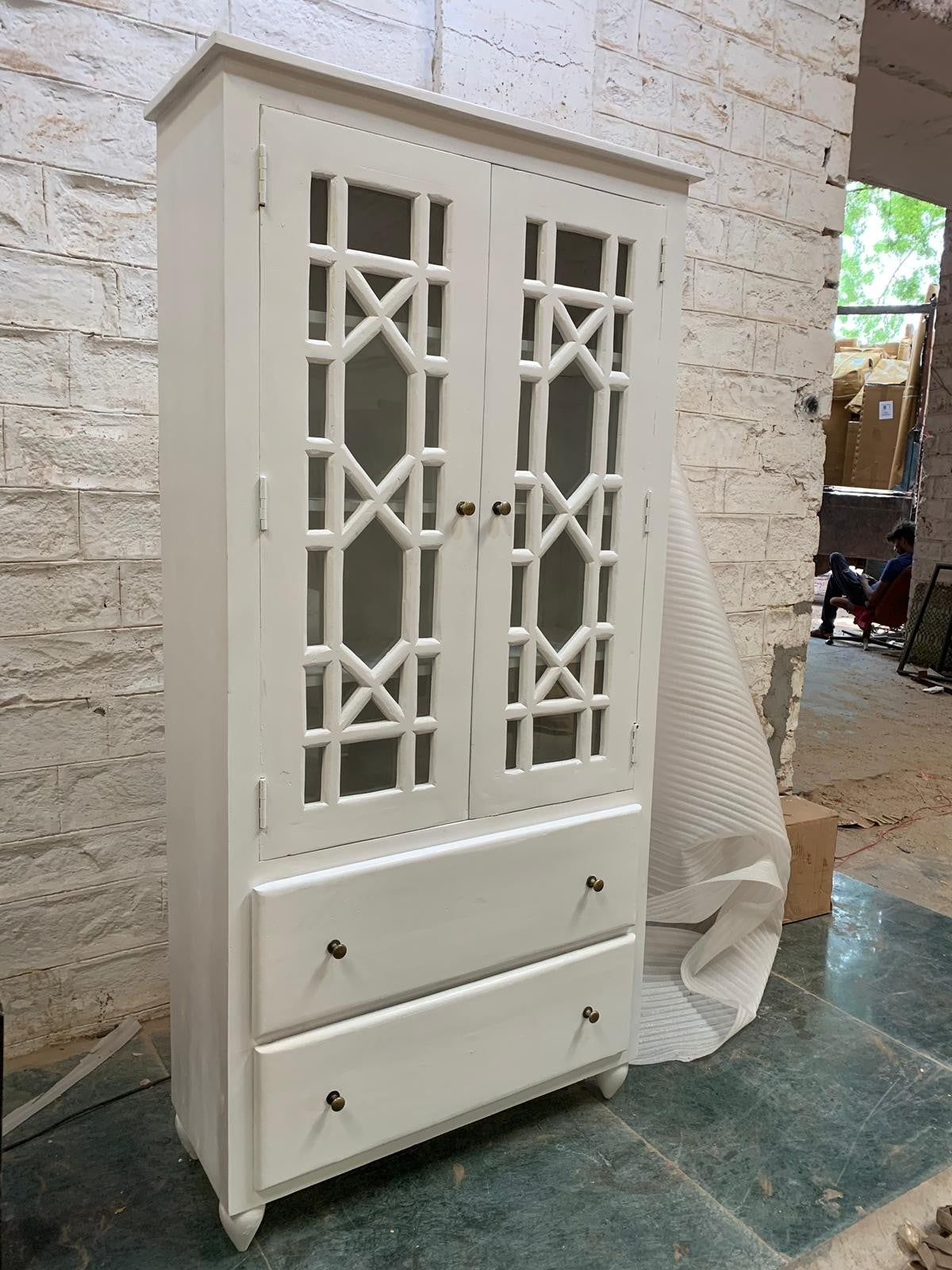 Hand Carved Indian Mango Wood Cabinet with French Arched Doors - White | Rustic Farmhouse Storage for Living Room, Bedroom & Entryway