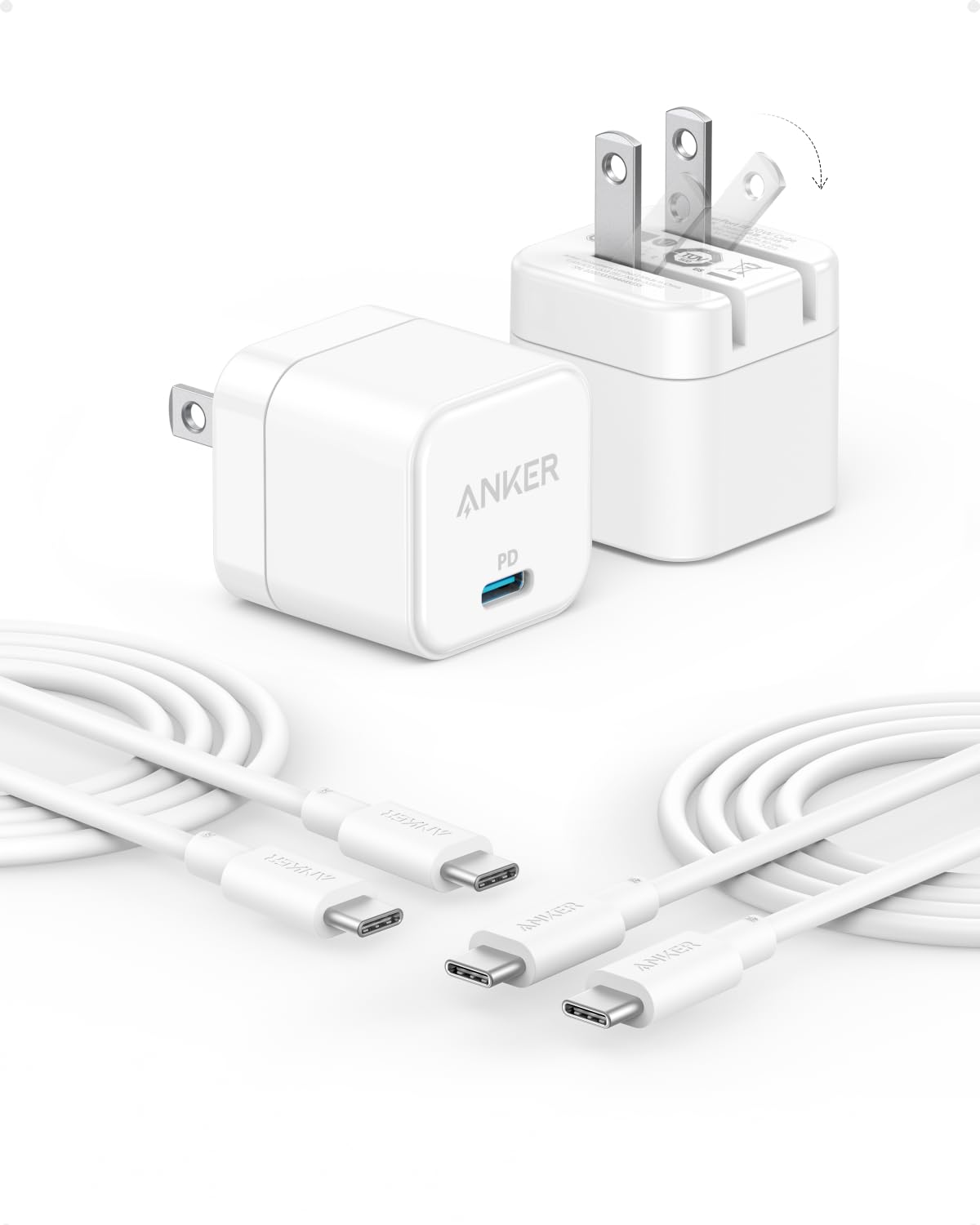 Anker 20W USB C Charger Block & Cable 2-Pack - Fast Charging for iPhone 16/15 Series, Samsung Galaxy, Google Pixel, iPad - Perfect for Home, Office & Travel (Includes 2 Chargers & 2 Cables)
