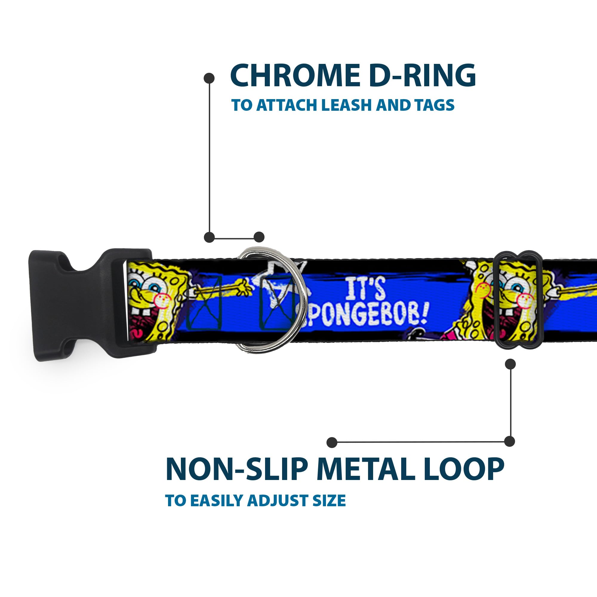 Spongebob Dog Collar with Plastic Clip - Black, Blue & White Striped Design (8-12 Inches, 0.5 Inch Wide) - Perfect for Small Dogs & Spongebob Fans