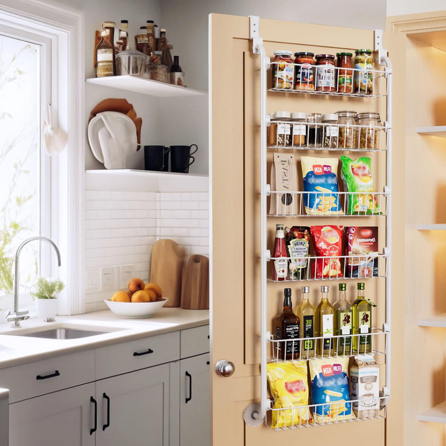 Delamu 6-Tier Over the Door Pantry Organizer - White Metal Cabinet Door Storage & Hanging Spice Rack Shelves (D5 x W18 x H50 inch) - Perfect for Kitchen, Pantry, Bathroom & Closet Organization