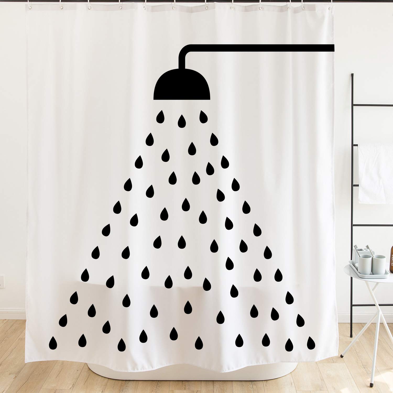 Ofat Home Cute Raindrop Shower Curtain - 72x72 Extra Long Black & White Fabric Bathroom Curtain with Hooks - Waterproof & Stylish for Modern Bathroom Decor (Bathroom, Hotel, Dorm, Apartment)