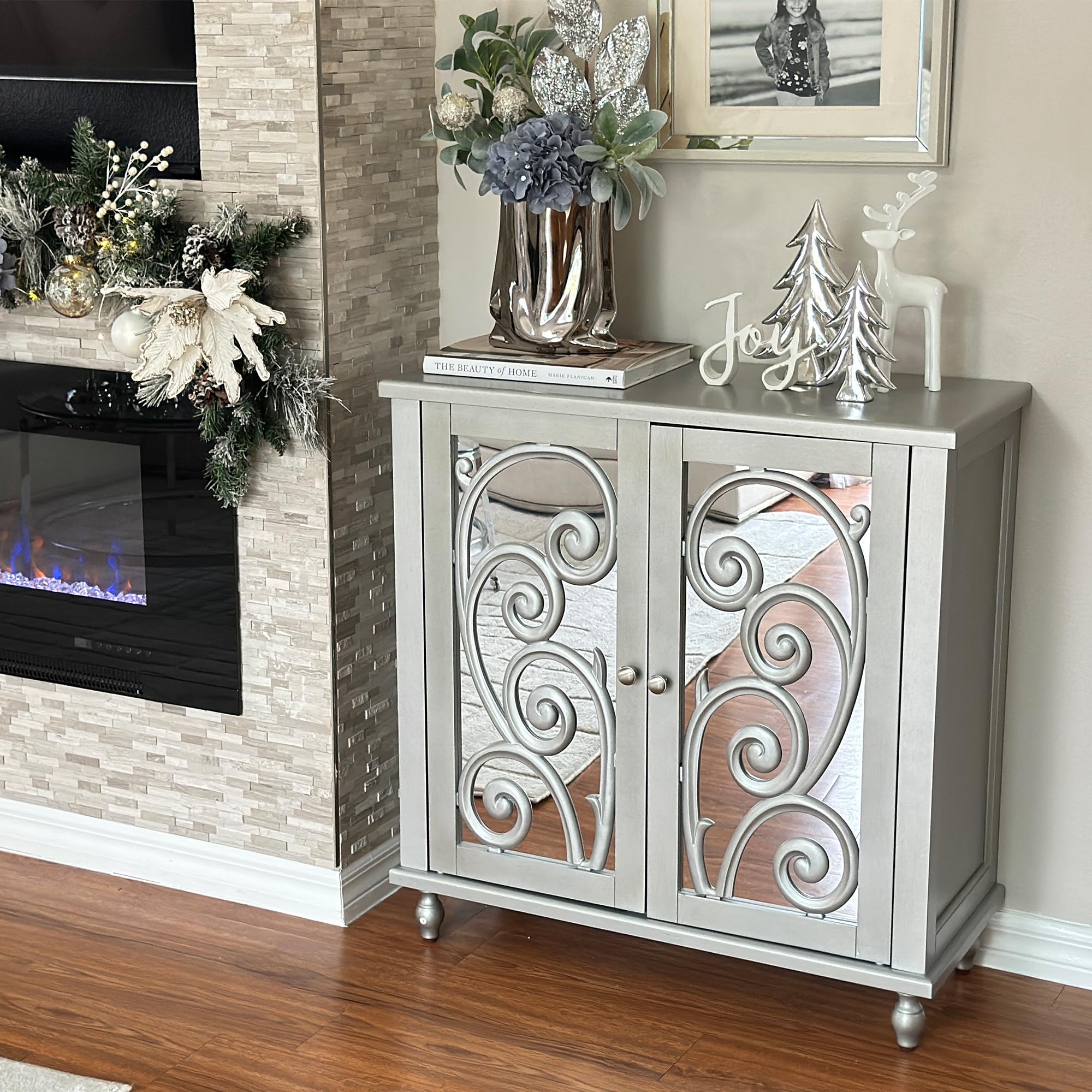 PHI VILLA Accent Cabinet with Mirror Doors - Modern Storage Cabinet for Corner, Entryway, Living Room - Perfect for Home Organization & Decor (White Finish) - Ideal for Small Spaces, Bedroom Storage & Entryway Decor