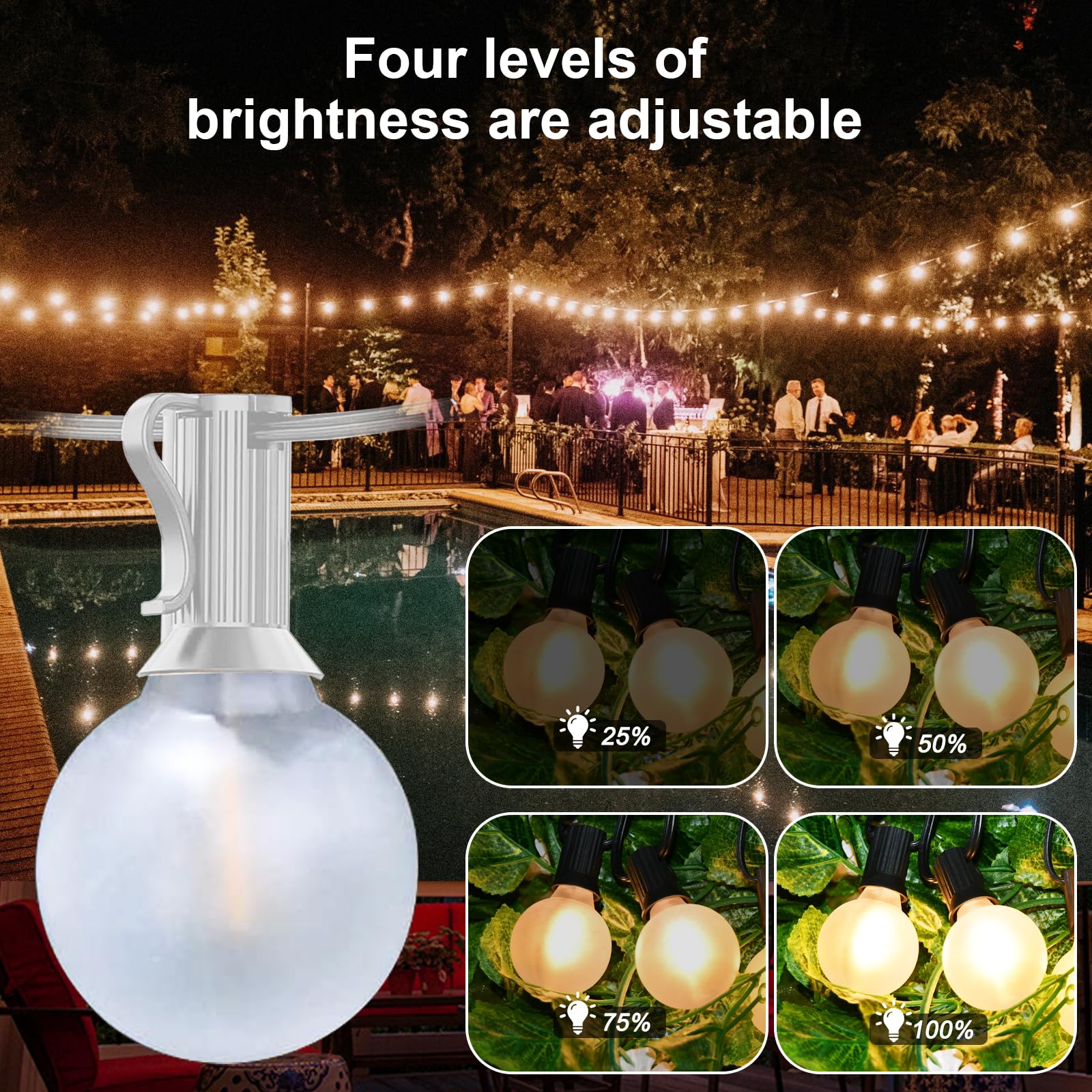 25Ft G40 LED Globe String Lights - 27 Frosted White Bulbs, Waterproof Outdoor Hanging Lights for Garden, Bistro, Pergola & Tent Decor - Perfect for Backyard, Patio & Wedding Decorations