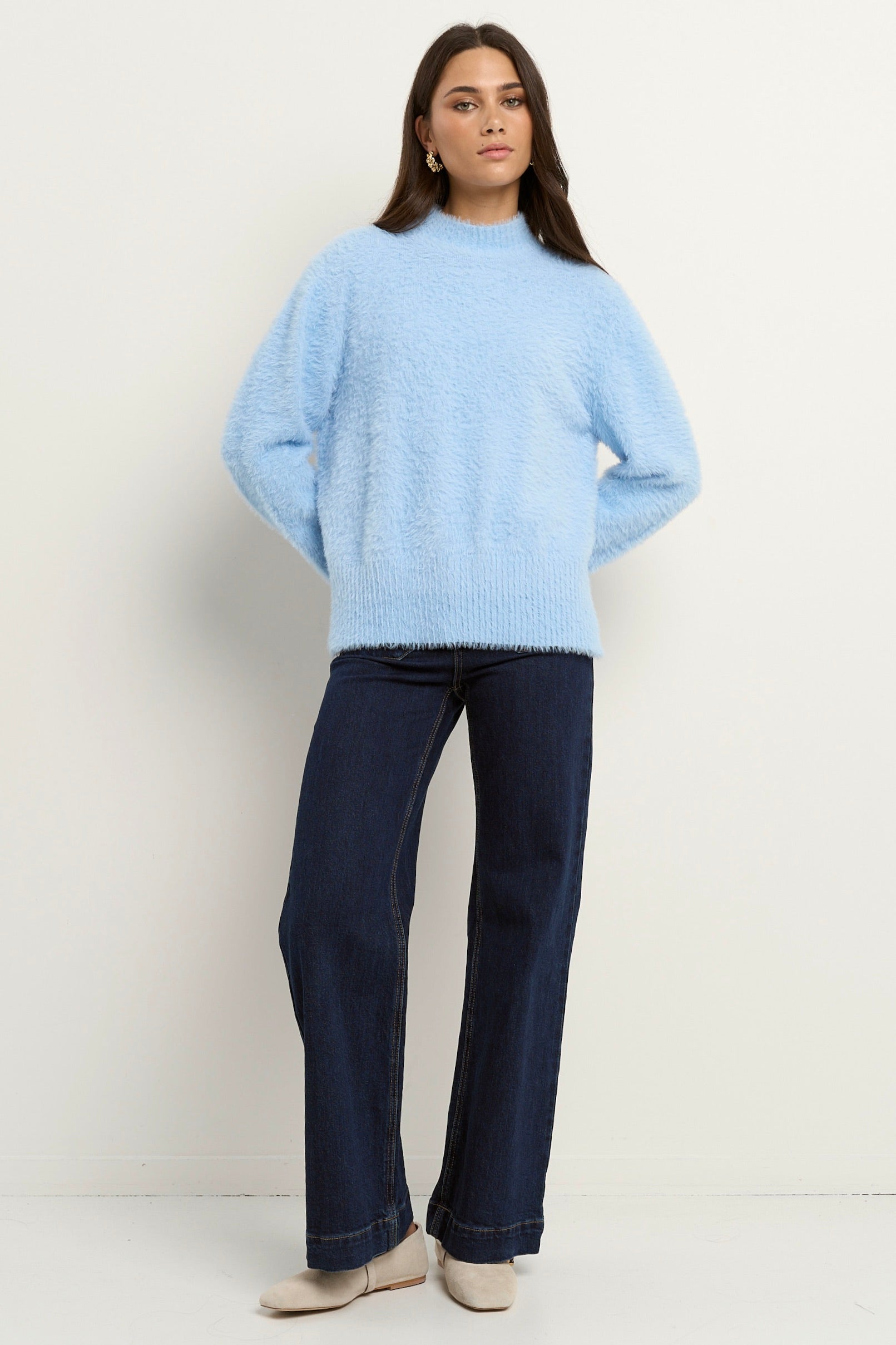 Ice Blue Funnel Neck Sweater for Women - Soft Knit Pullover Winter Jumper - Cozy Casual Wear for Office, Date Night & Holiday Outfits