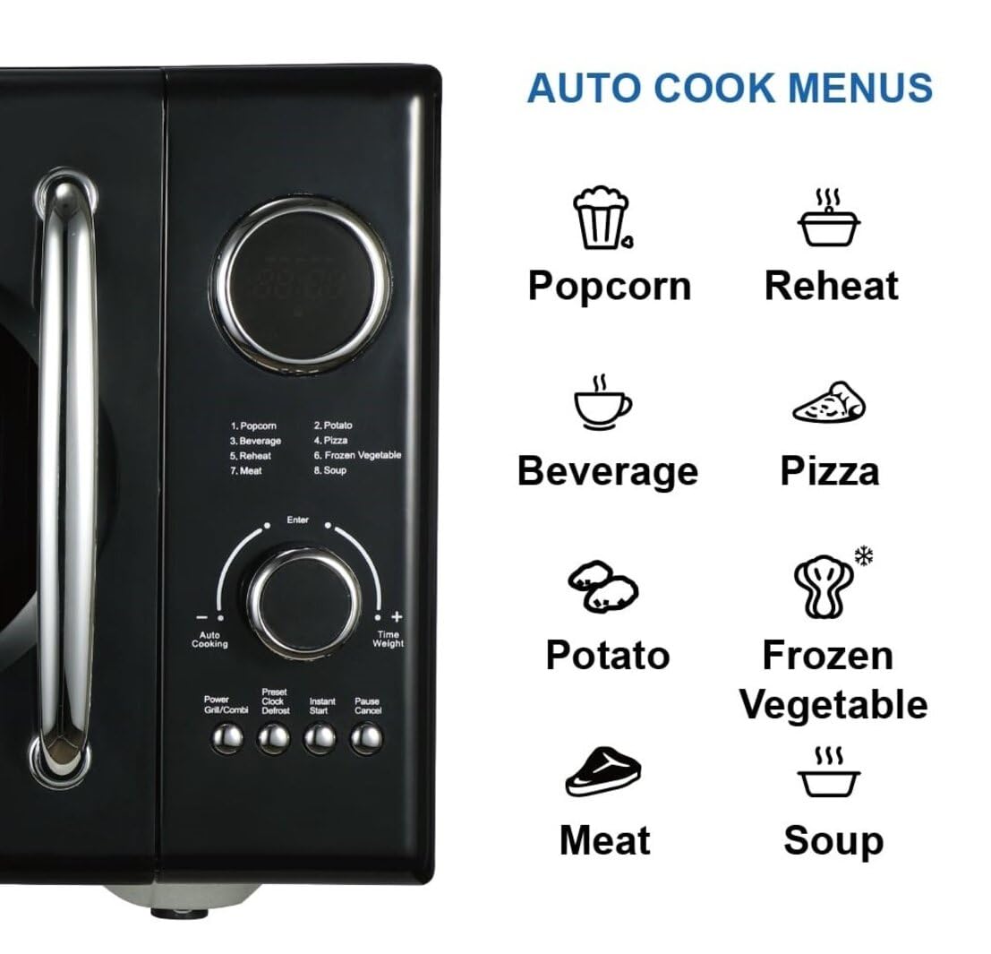 Emerson MWRG0901BK 0.9 Cu. Ft. Retro Black Microwave Oven with Grill - 800W Microwave & 1000W Grill, LED Display, 5 Power Levels, 8 Auto Menus, Glass Turntable & Child Lock - Perfect for Small Kitchens, Dorms & Office Break Rooms