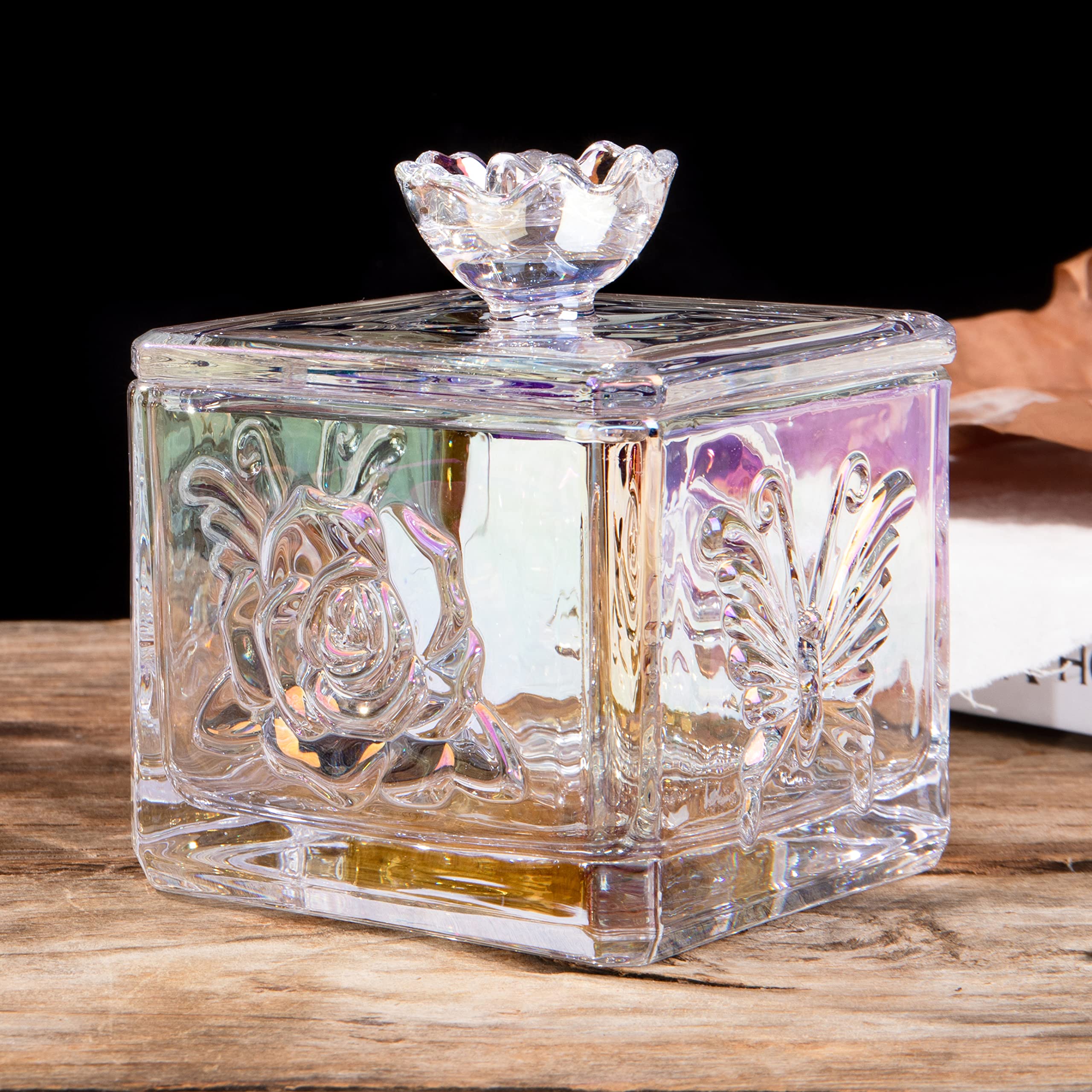 Iridescent Glass Candy Dish with Lid - 14oz Clear Embossed Candy Jar for Office & Home Decor - Elegant Candy Bowl for Parties, Weddings & Gifts (Irised Glass)