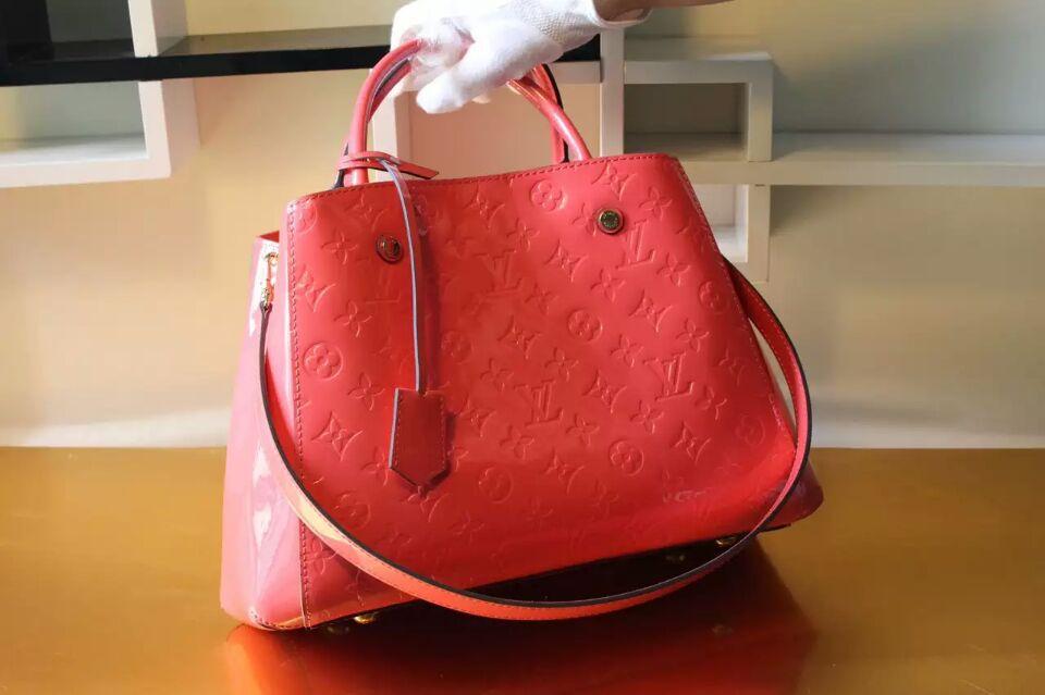 Authentic Louis Vuitton Montaigne MM Monogram Vernis Tote Bag in Vibrant Red - Perfect for Work, Travel & Luxury Everyday Carry