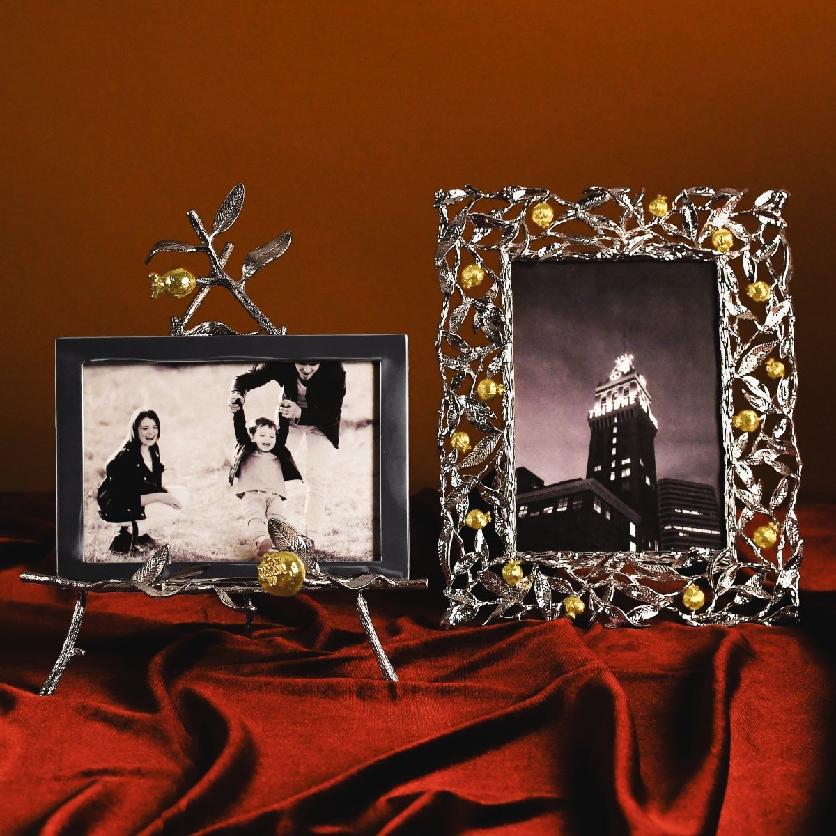 Elegant Pomegranate Silver & Gold Easel Frame - Perfect for Displaying Photos, Artwork, and Keepsakes at Home, Office, or Wedding Decor