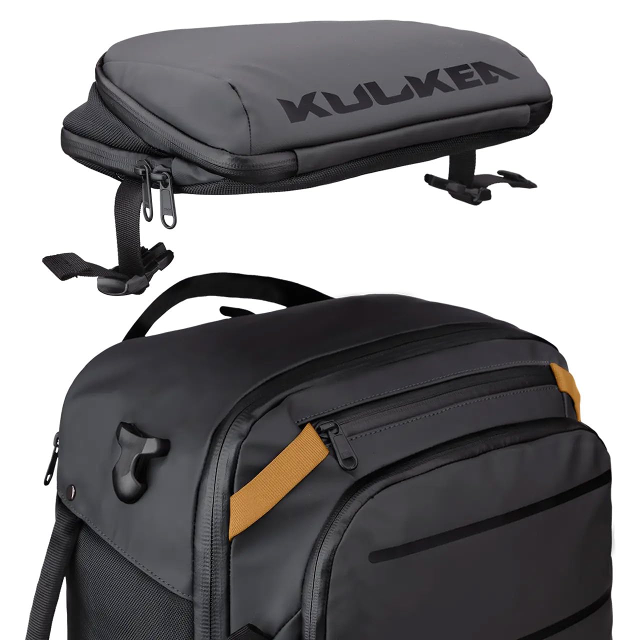 40L Travel Backpack - Waterproof Carry On Backpack with Detachable Organizer & Magnetic Bottle Pocket - Laptop & Passport Compartment - Convertible Ski Boot Bag for Air Travel, Hiking, Snowboarding (Black/Gold)
