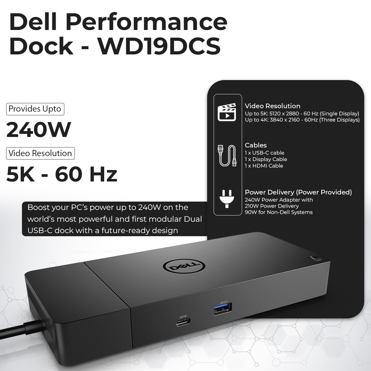 Dell WD19DCS 240W Docking Station with Power Adapter - Dual 4K HDMI & DisplayPort, USB-C Hub for Laptops - Ideal for Home Office & Multi-Monitor Setup (Includes Cables & Cleaning Cloth)