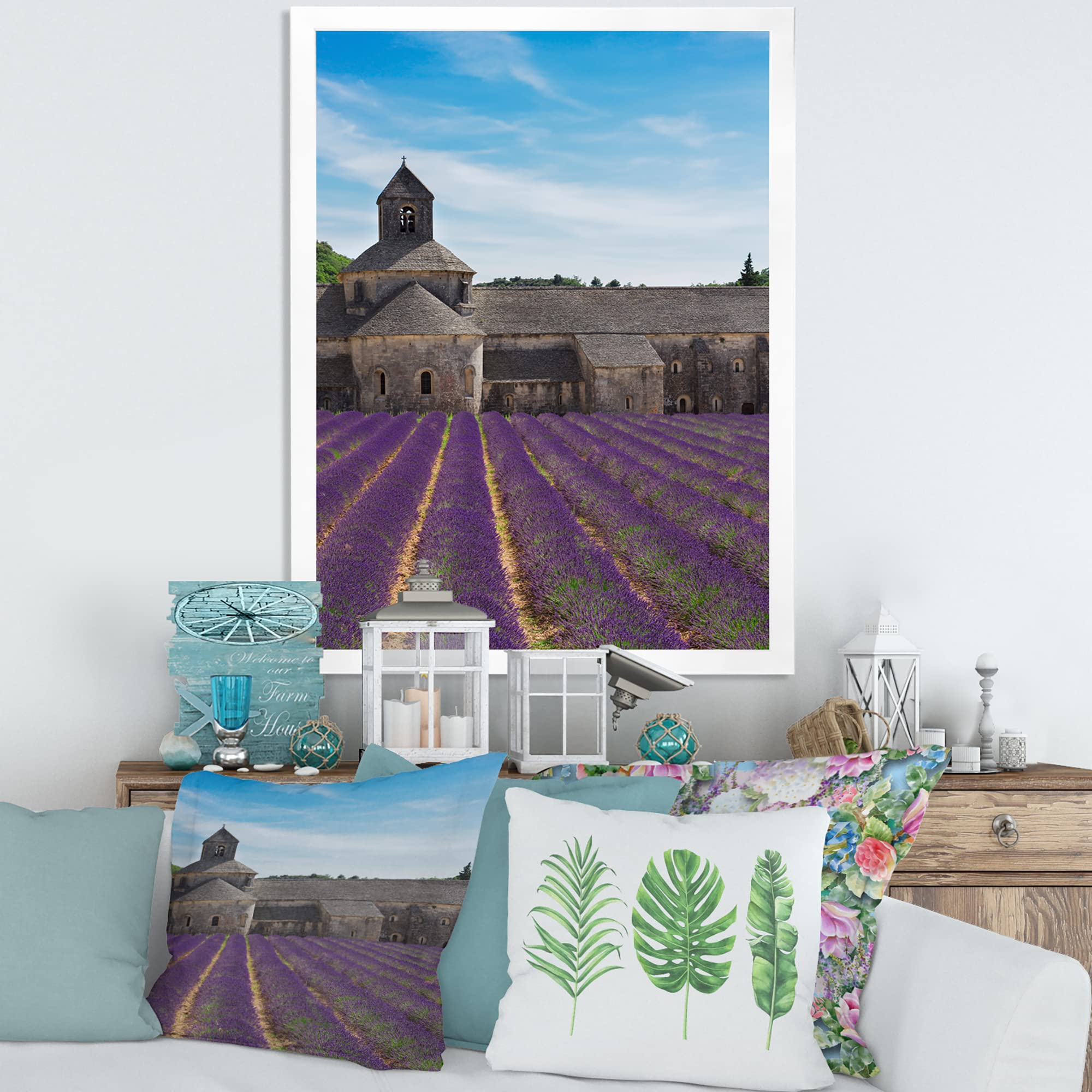 Lavender Field With Abbey in France - Farmhouse Framed Wall Art Painting - Perfect for Living Room, Bedroom & Office Decor